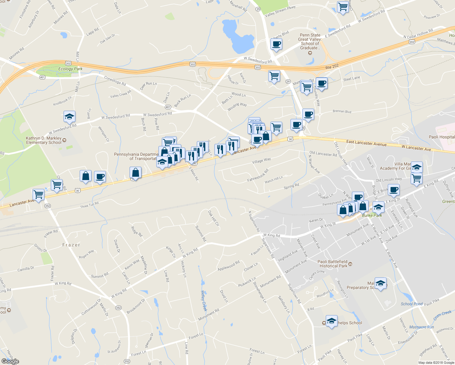 map of restaurants, bars, coffee shops, grocery stores, and more near 68 Fahnestock Road in Malvern
