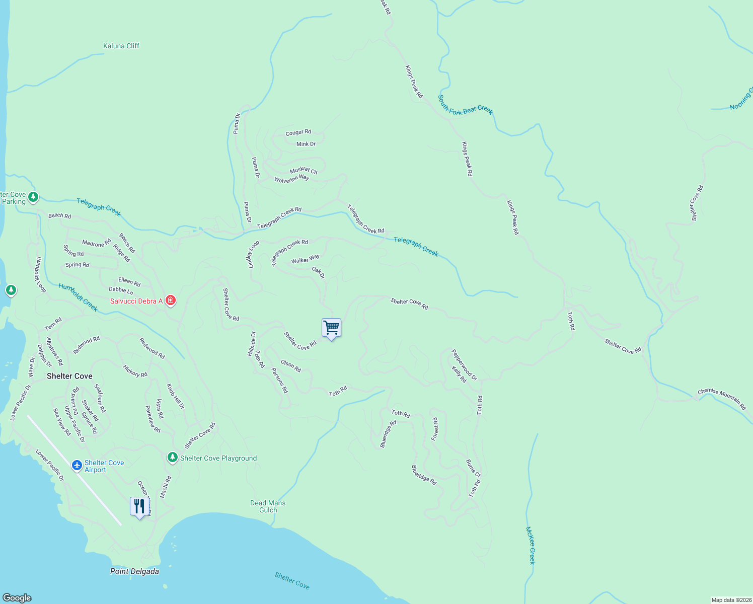 map of restaurants, bars, coffee shops, grocery stores, and more near 7009 Shelter Cove Road in Whitethorn