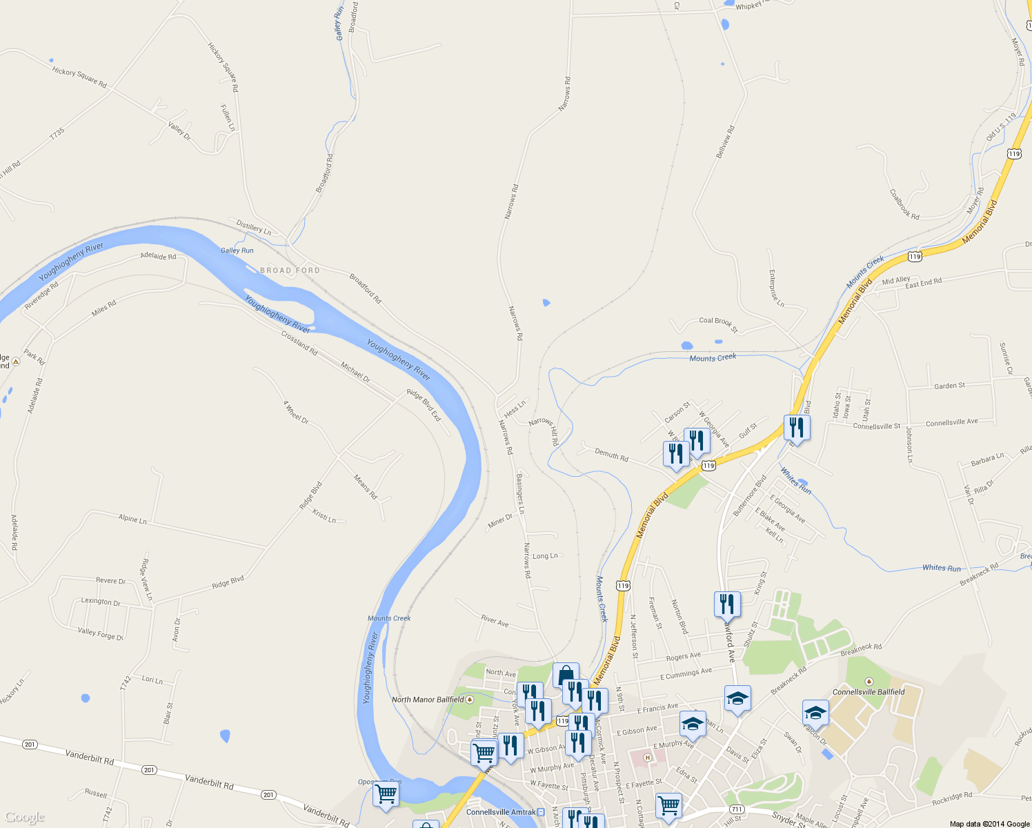 map of restaurants, bars, coffee shops, grocery stores, and more near 108 Hess Ln in Connellsville