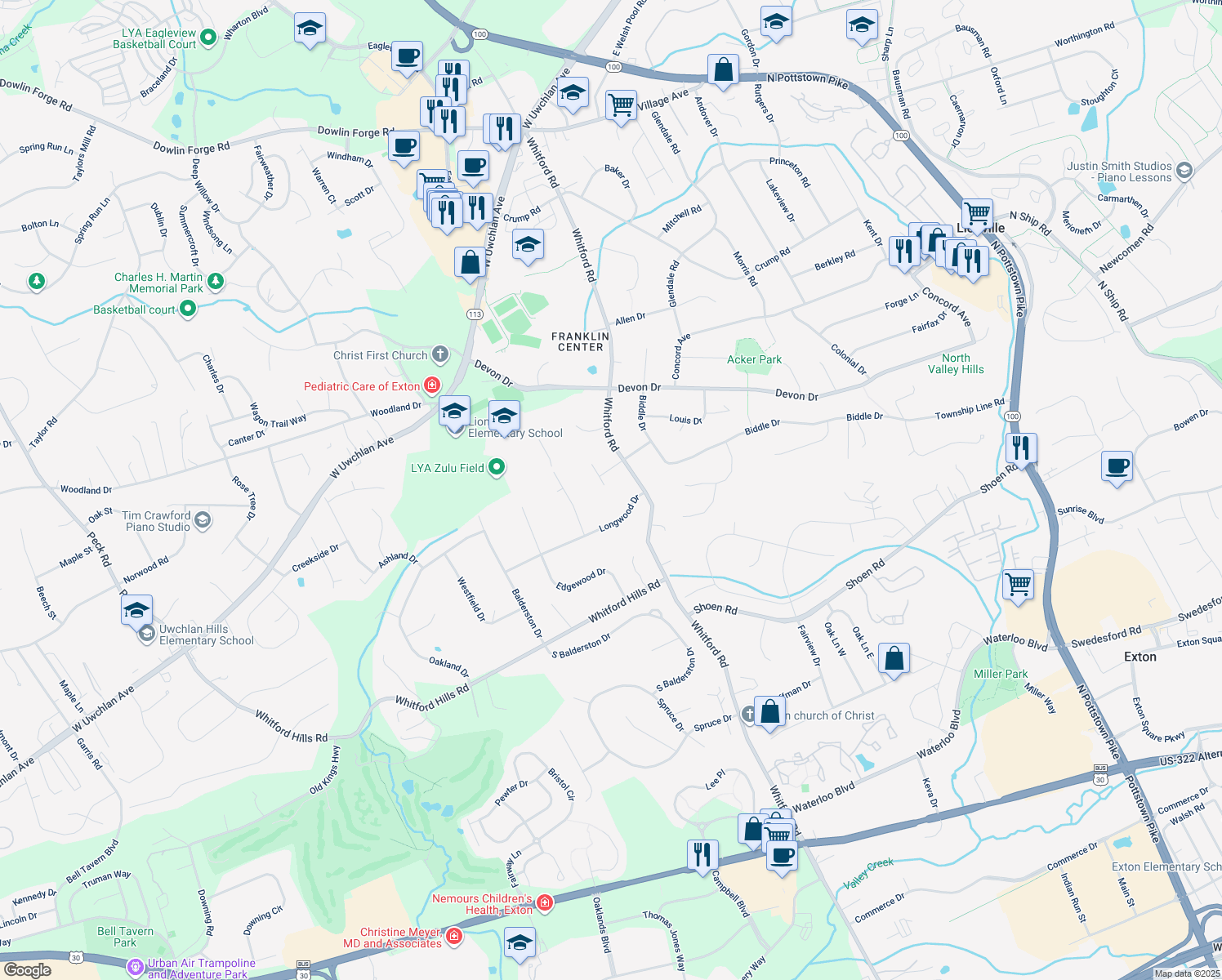 map of restaurants, bars, coffee shops, grocery stores, and more near 7 Arianna Lane in Exton