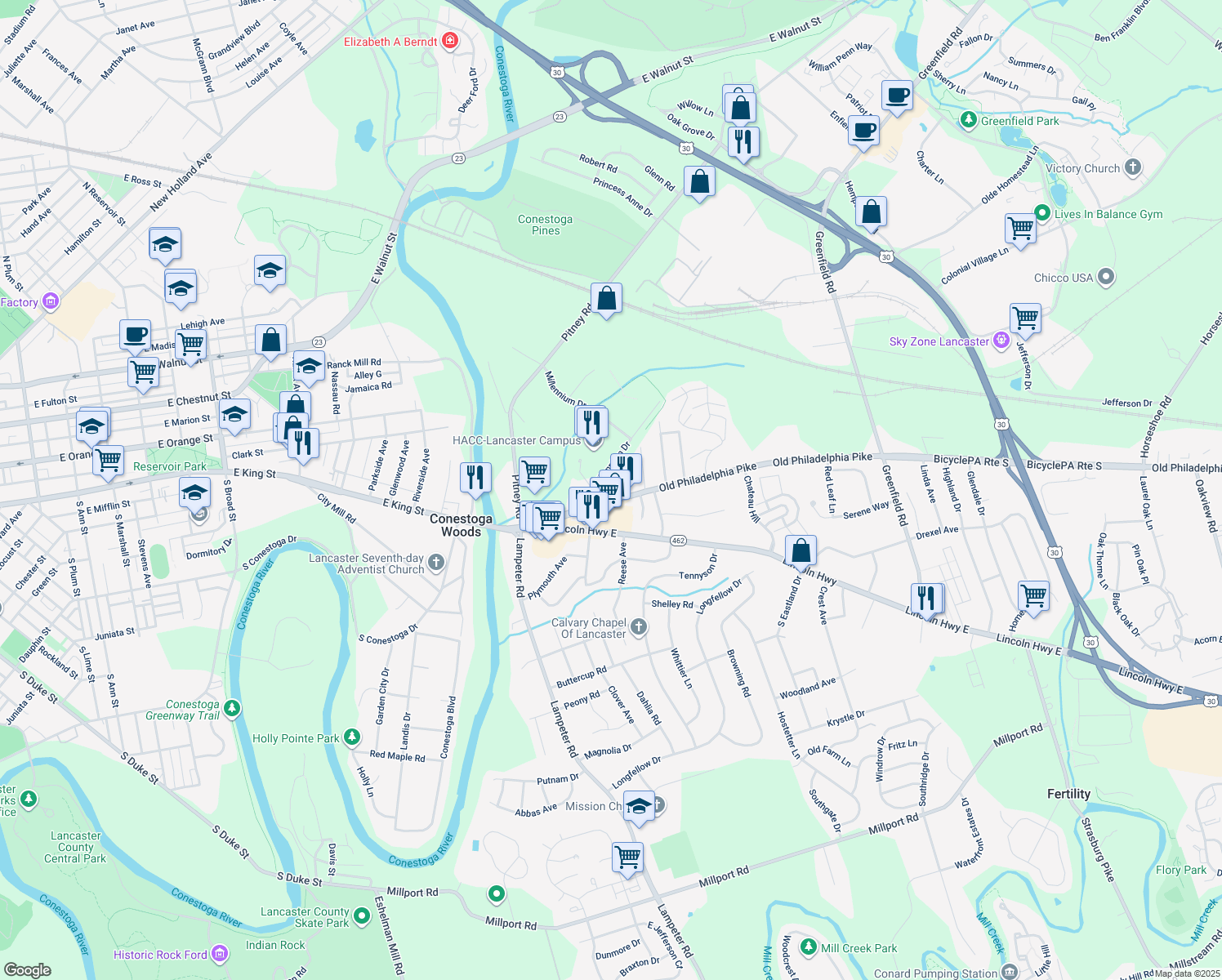 map of restaurants, bars, coffee shops, grocery stores, and more near 1653 Old Philadelphia Pike in Lancaster