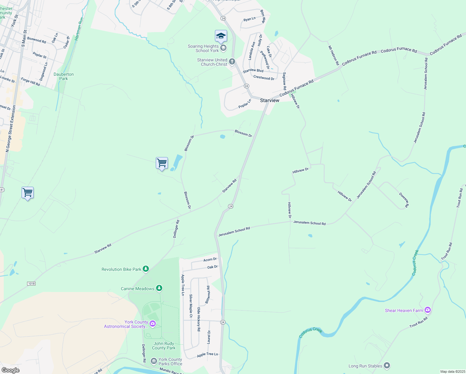 map of restaurants, bars, coffee shops, grocery stores, and more near 4525 Starview Road in Mount Wolf