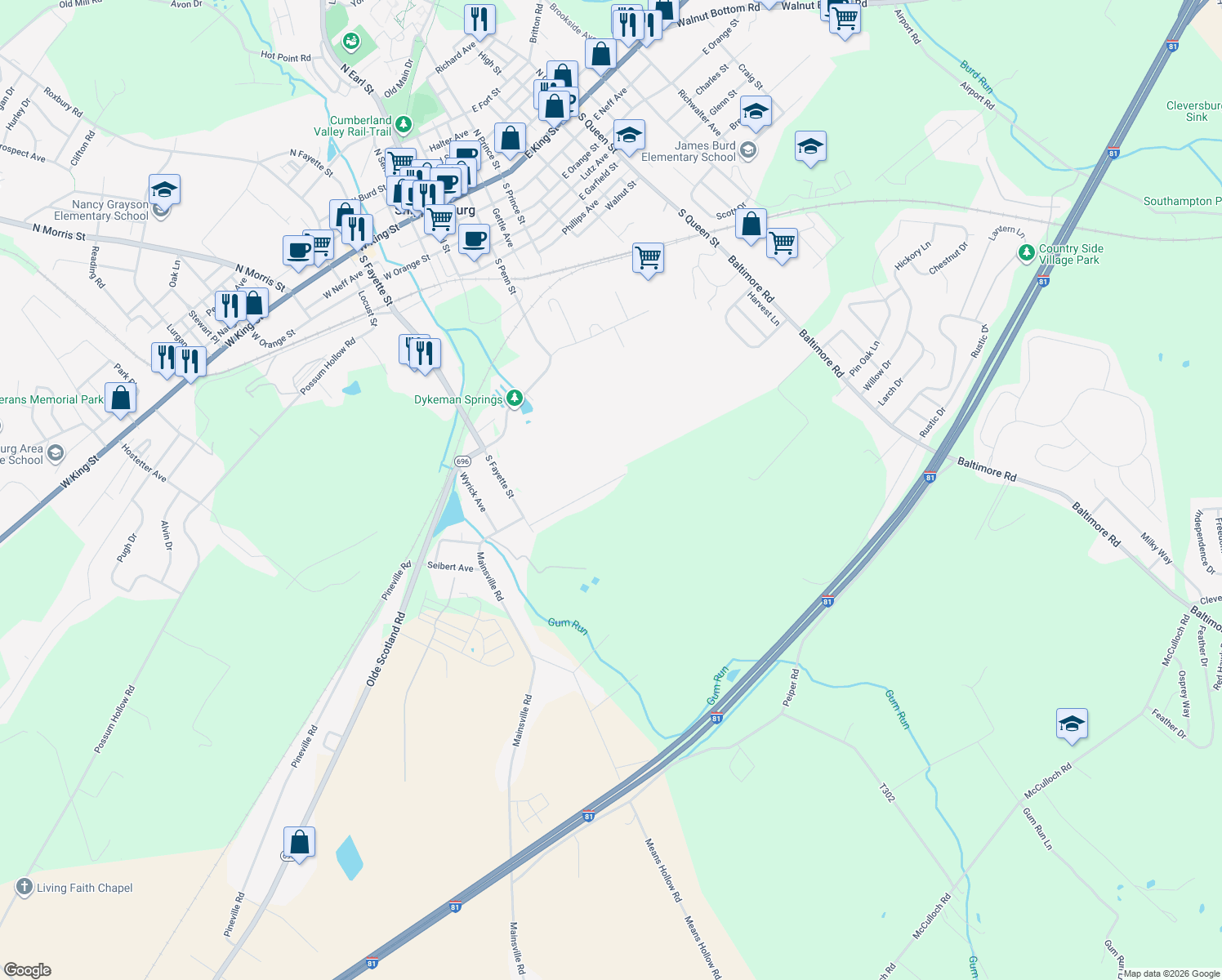 map of restaurants, bars, coffee shops, grocery stores, and more near 42 Scrafford Street in Shippensburg