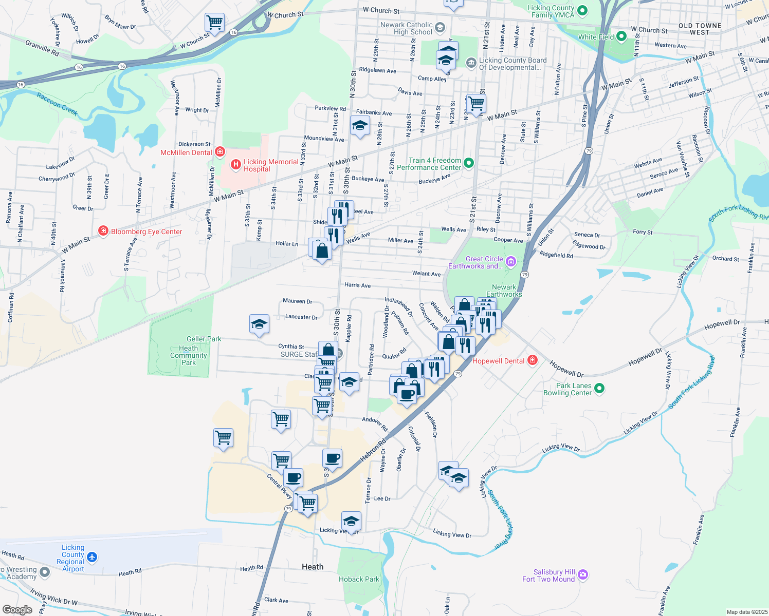 map of restaurants, bars, coffee shops, grocery stores, and more near 497 Woodland Drive in Heath