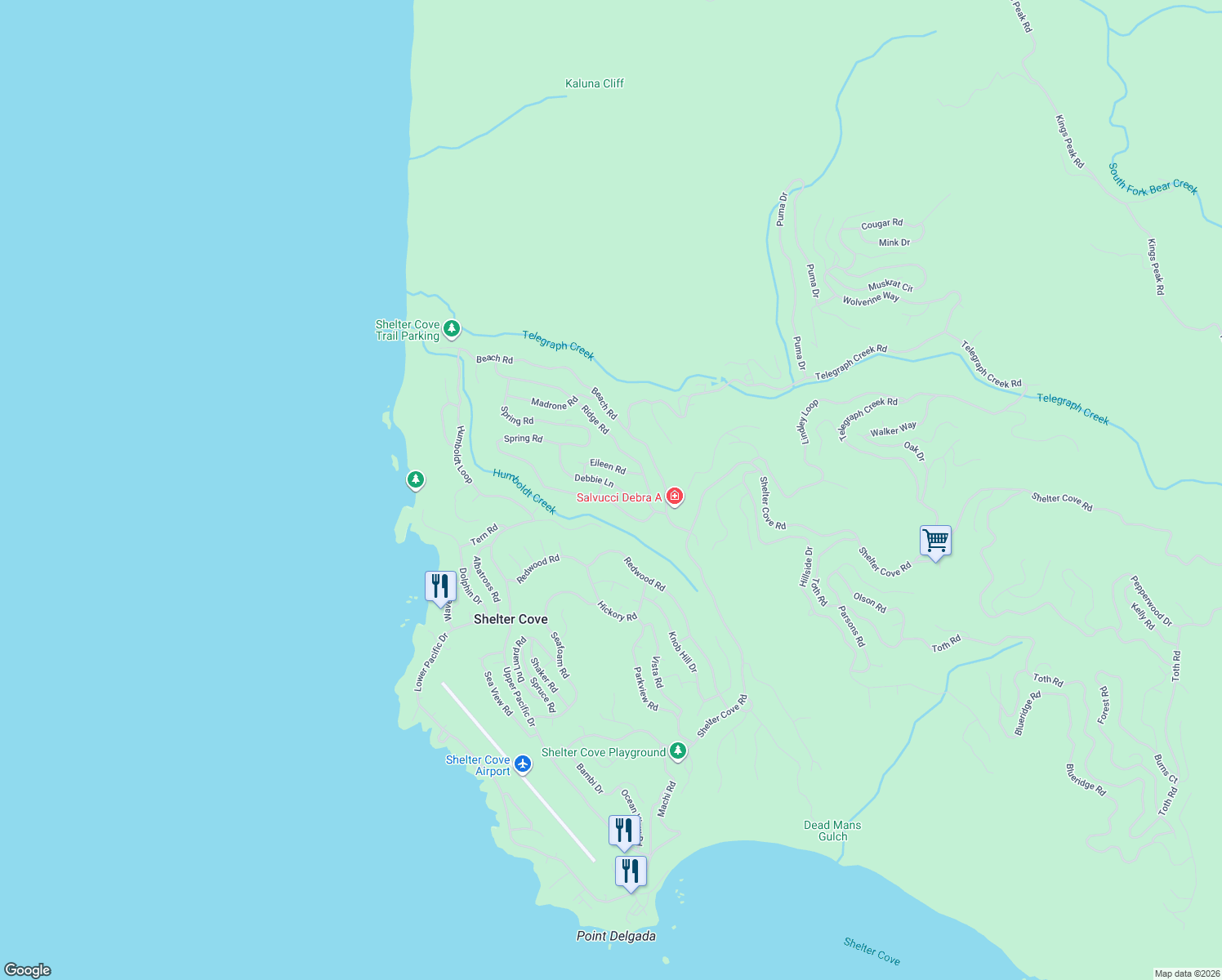 map of restaurants, bars, coffee shops, grocery stores, and more near 106 Debbie Ln in Whitethorn