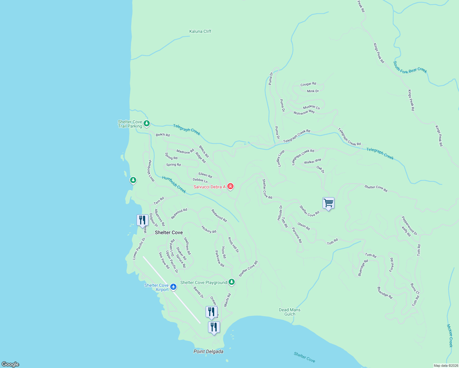 map of restaurants, bars, coffee shops, grocery stores, and more near 157 Beach Road in Whitethorn
