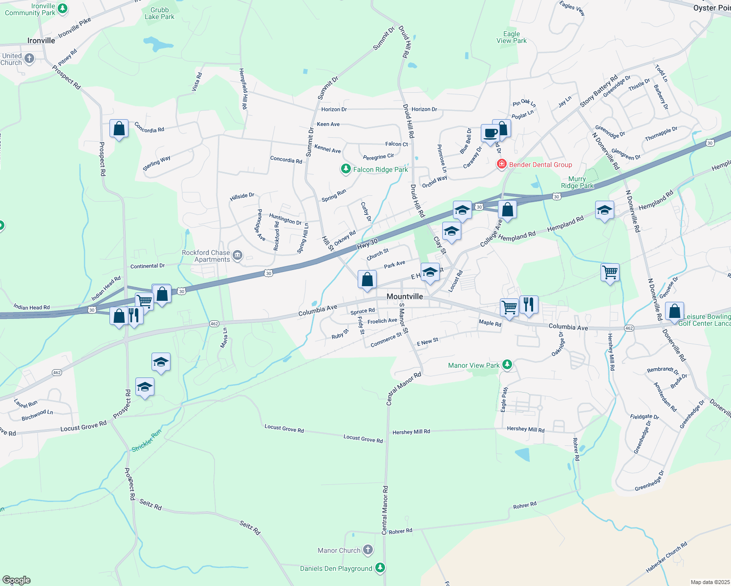 map of restaurants, bars, coffee shops, grocery stores, and more near 125 W Main St in Mountville