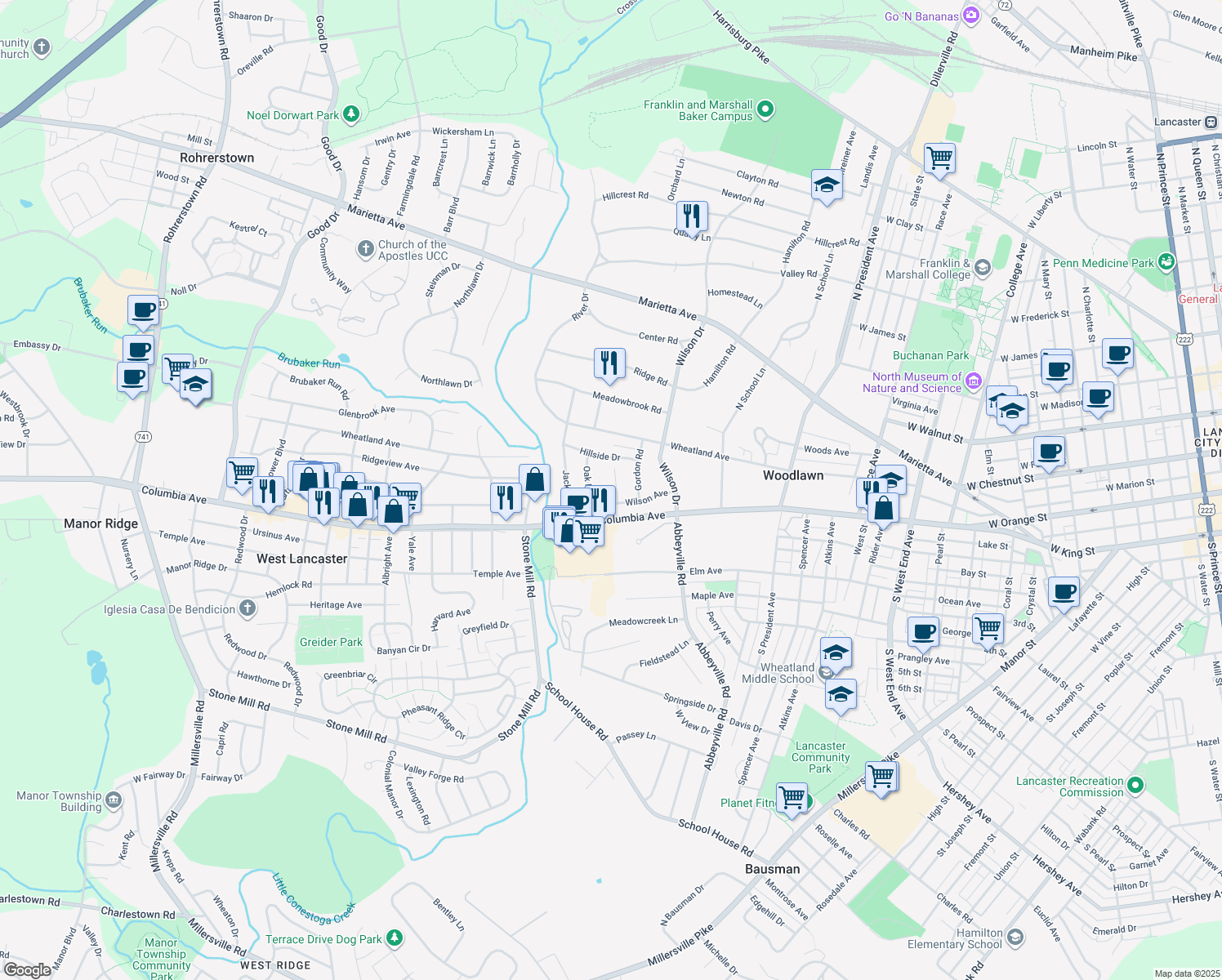 map of restaurants, bars, coffee shops, grocery stores, and more near 60 New Garden Ave in Lancaster