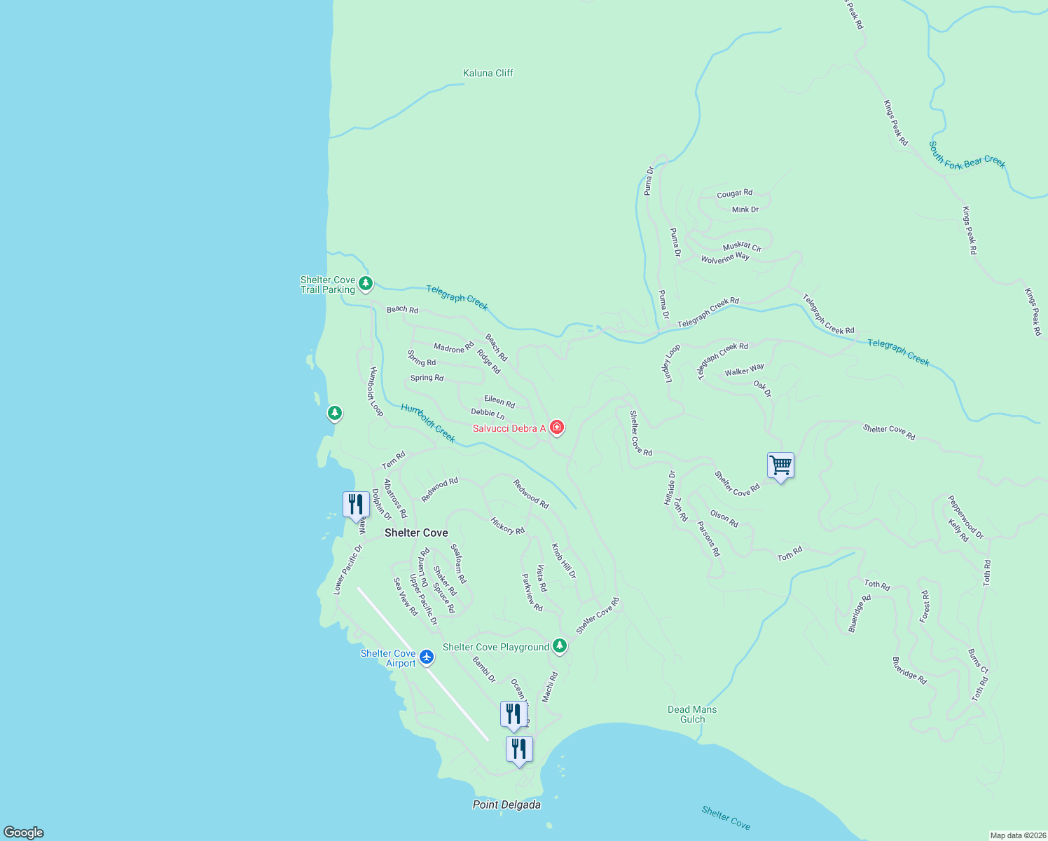 map of restaurants, bars, coffee shops, grocery stores, and more near 14 Rich Circle in Whitethorn