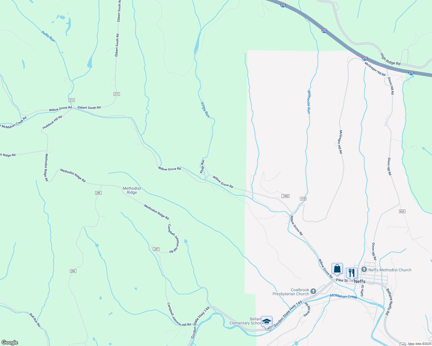 map of restaurants, bars, coffee shops, grocery stores, and more near 65721 Willow Grove Road in Bellaire