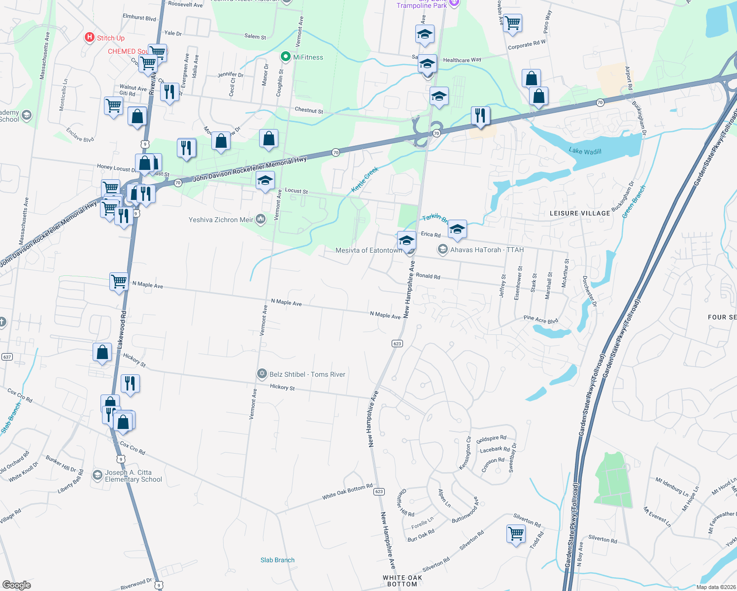 map of restaurants, bars, coffee shops, grocery stores, and more near 2310 Autumn Drive in Toms River