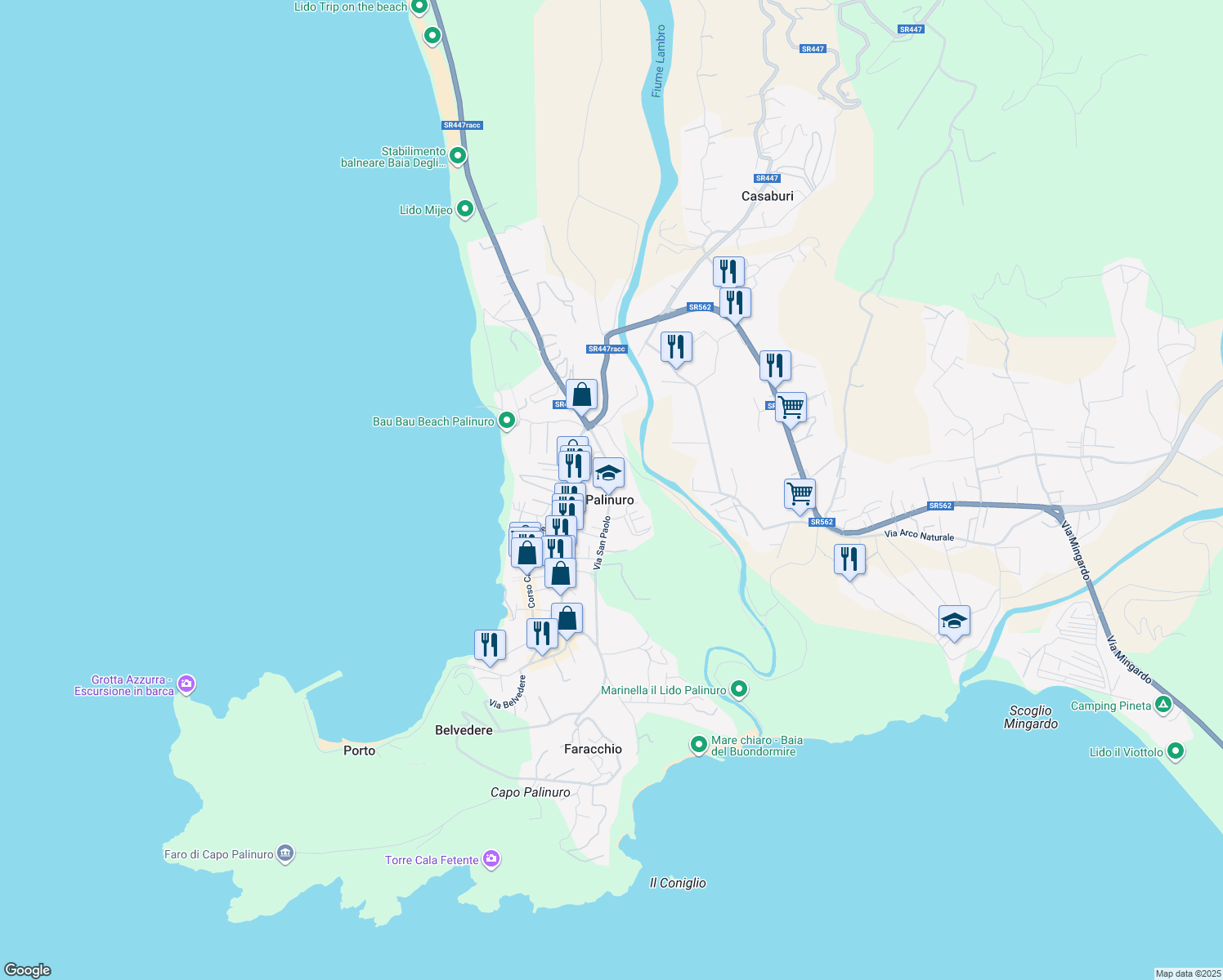 map of restaurants, bars, coffee shops, grocery stores, and more near in Palinuro