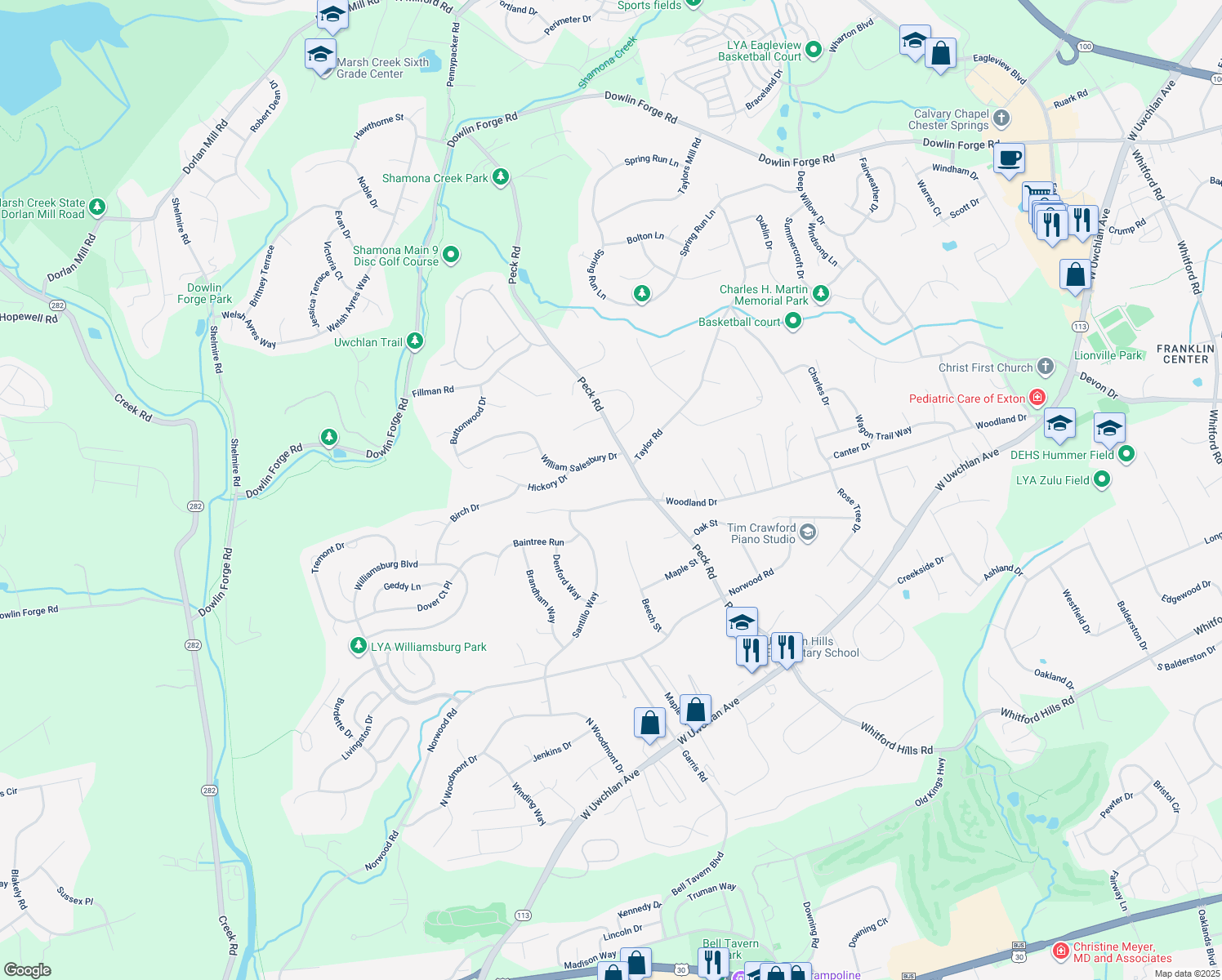 map of restaurants, bars, coffee shops, grocery stores, and more near 325 Woodland Drive in Downingtown