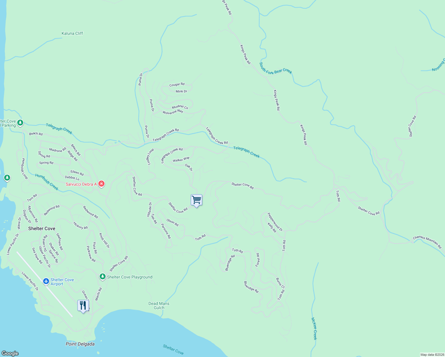 map of restaurants, bars, coffee shops, grocery stores, and more near 7009 Shelter Cove Road in Whitethorn