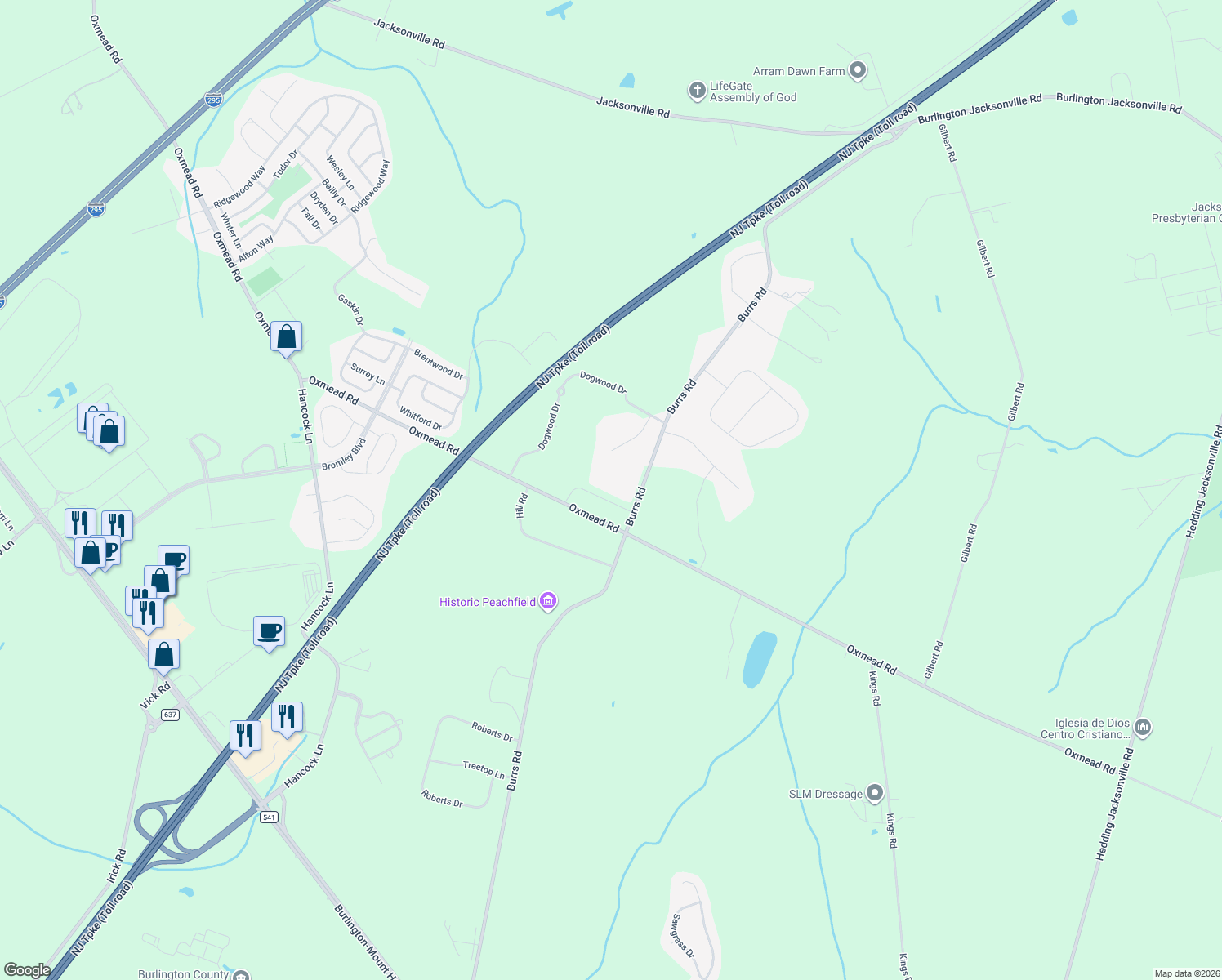 map of restaurants, bars, coffee shops, grocery stores, and more near 204 Dale Road in Westampton