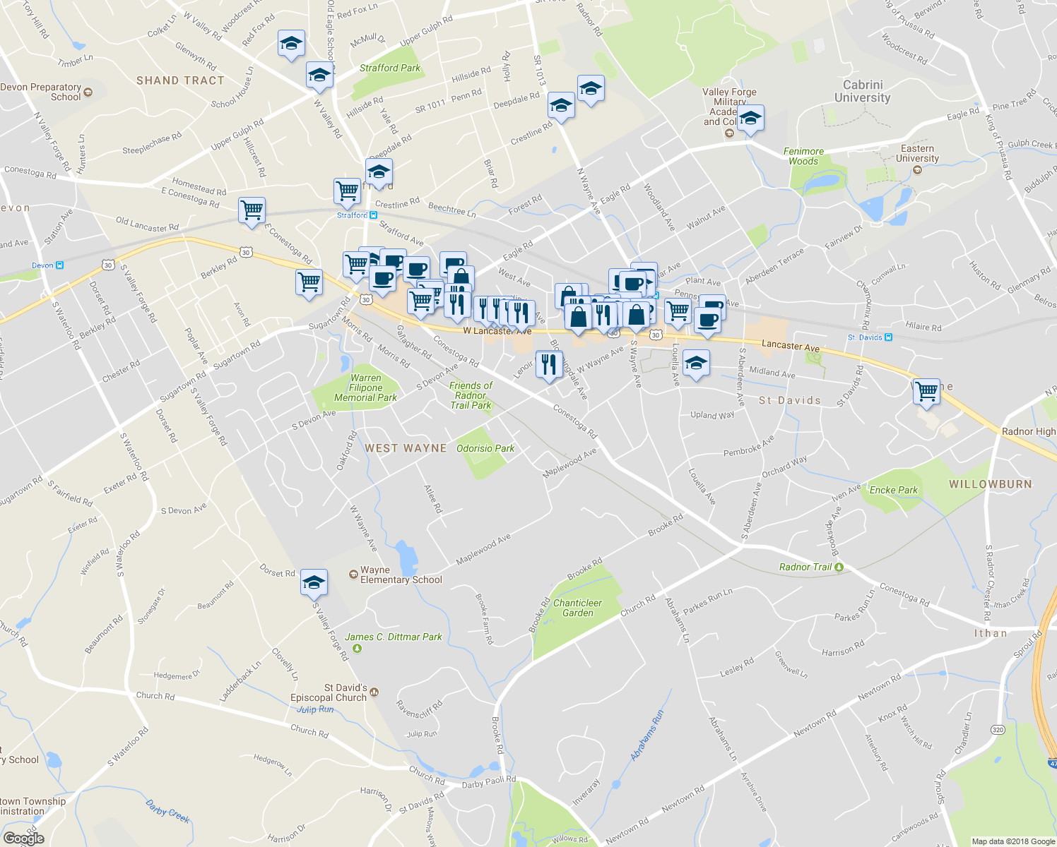 map of restaurants, bars, coffee shops, grocery stores, and more near 40 Greythorne Woods Circle in Wayne