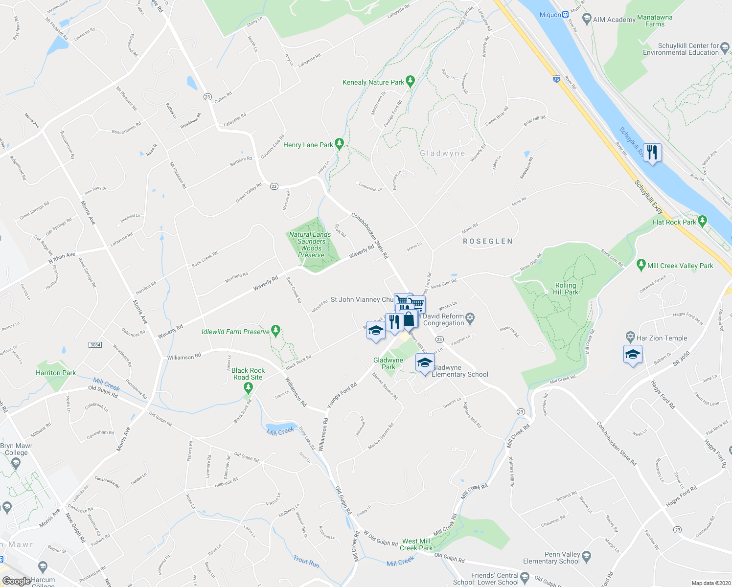 map of restaurants, bars, coffee shops, grocery stores, and more near 428 Howard Road in Gladwyne