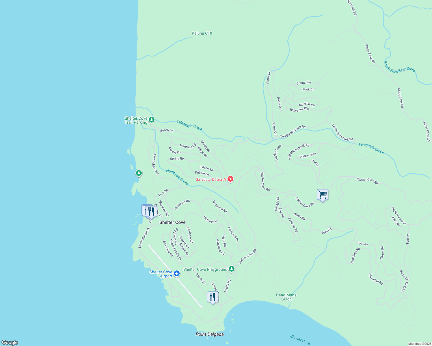 map of restaurants, bars, coffee shops, grocery stores, and more near 14 Rich Circle in Whitethorn