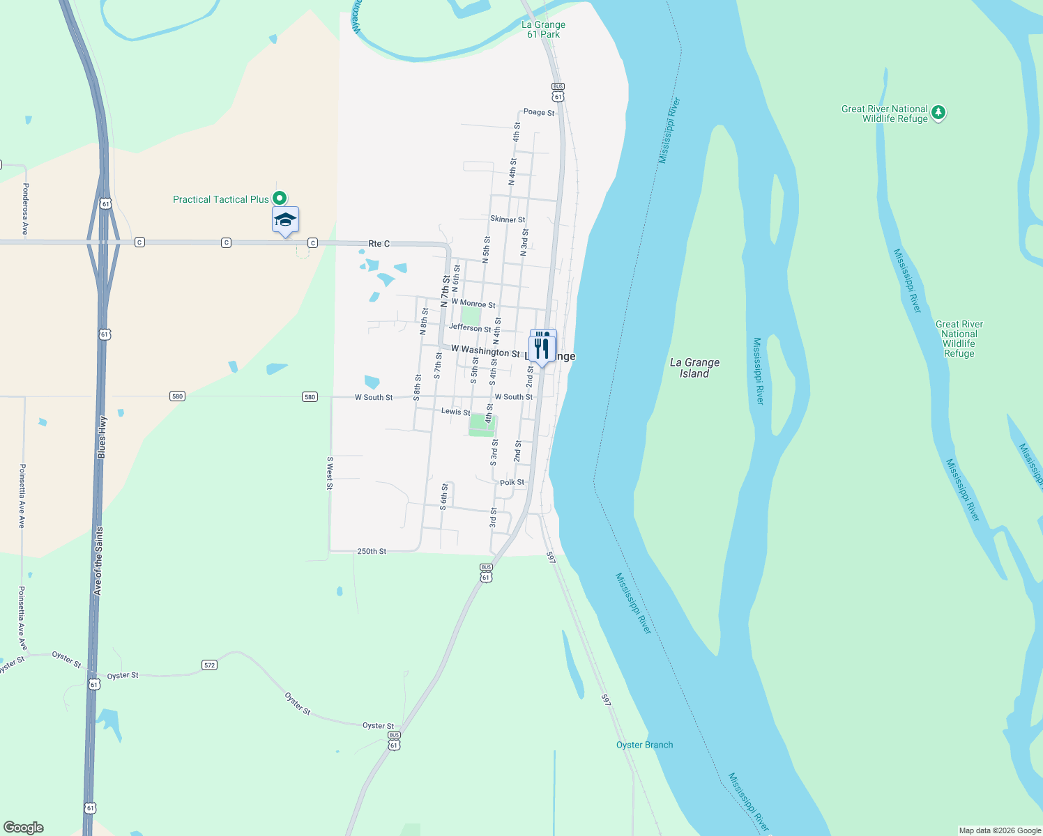 map of restaurants, bars, coffee shops, grocery stores, and more near 2nd St in La Grange