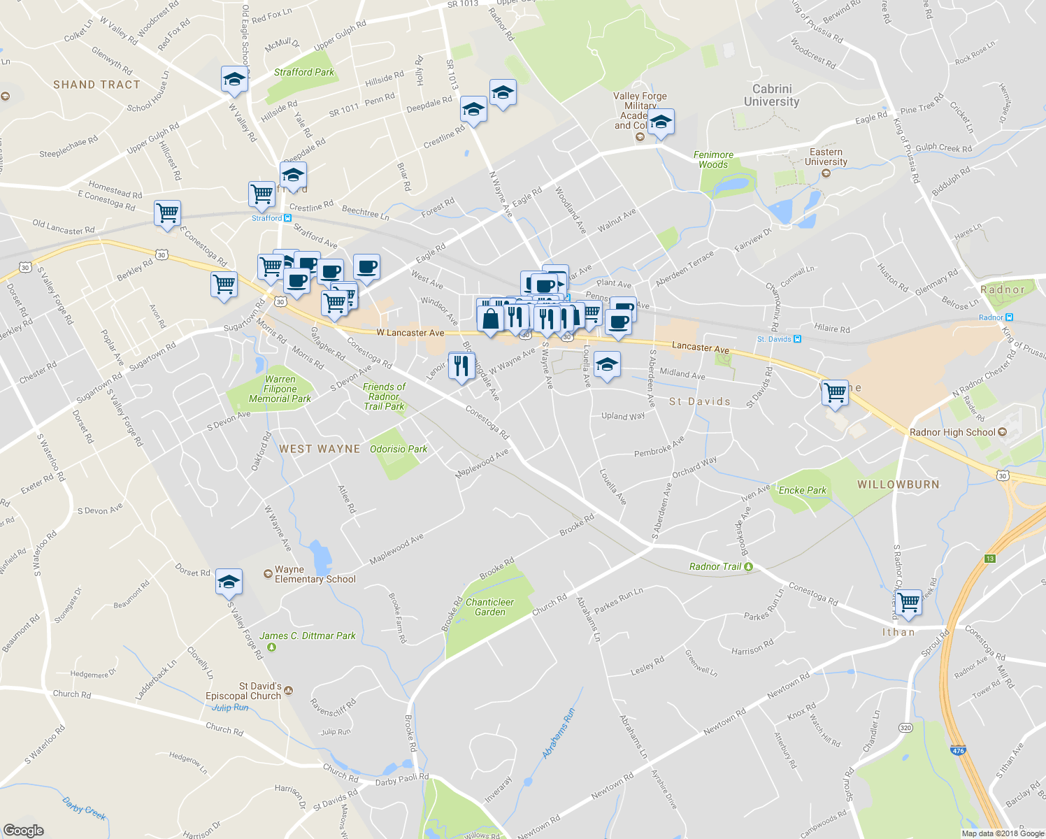 map of restaurants, bars, coffee shops, grocery stores, and more near 210 Lansdowne Avenue in Wayne