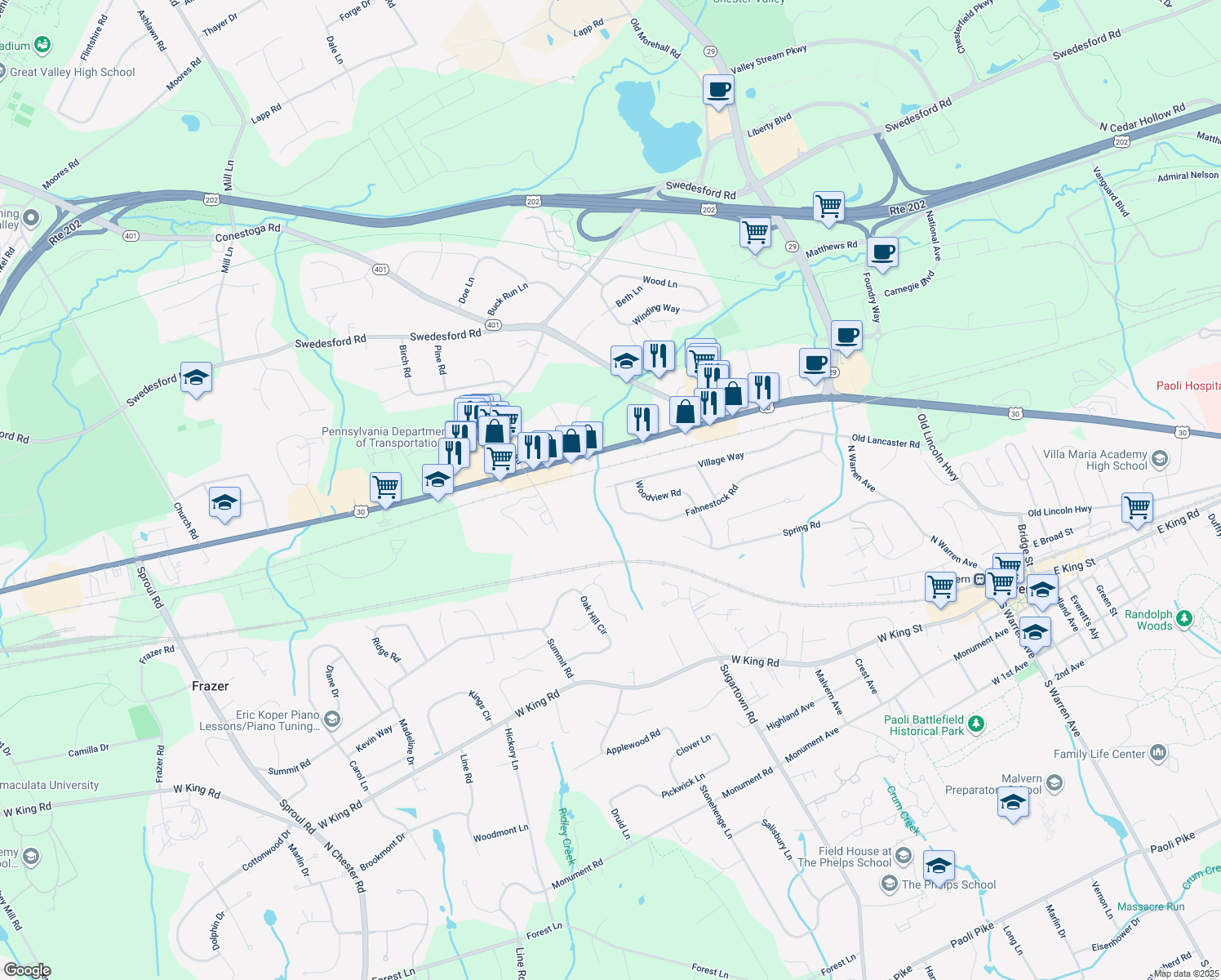 map of restaurants, bars, coffee shops, grocery stores, and more near 92 Village Way in Malvern