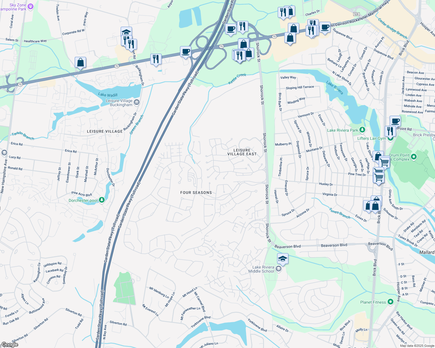 map of restaurants, bars, coffee shops, grocery stores, and more near 169 Arlene Court in Lakewood Township