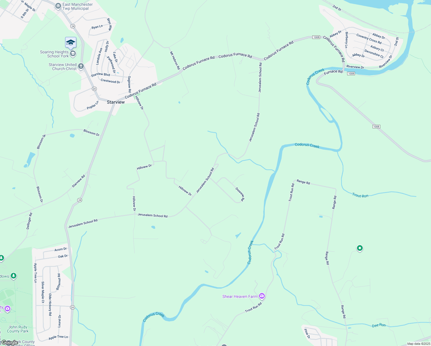 map of restaurants, bars, coffee shops, grocery stores, and more near 25 Horseshoe Bend Road in Mount Wolf