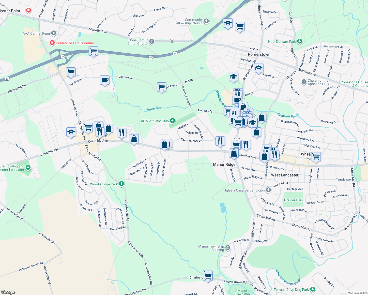 map of restaurants, bars, coffee shops, grocery stores, and more near 2511 Columbia Avenue in Lancaster