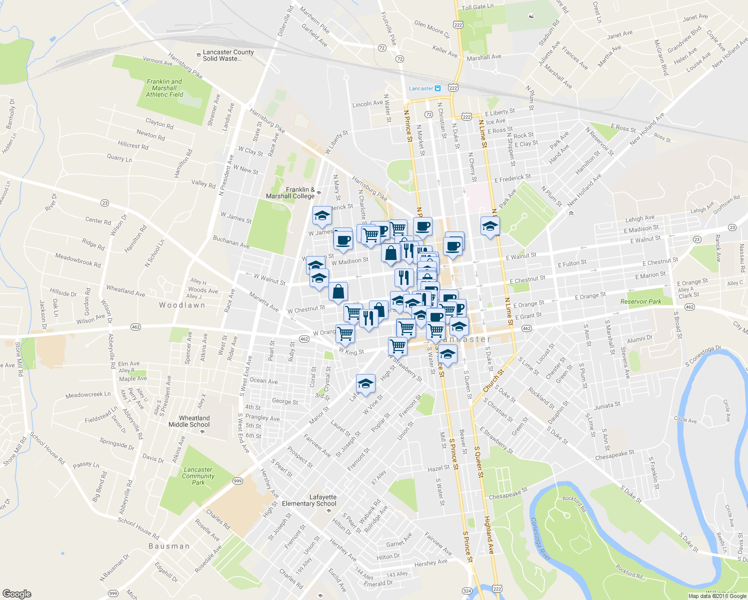 map of restaurants, bars, coffee shops, grocery stores, and more near W Chestnut St & N Charlotte St in Lancaster