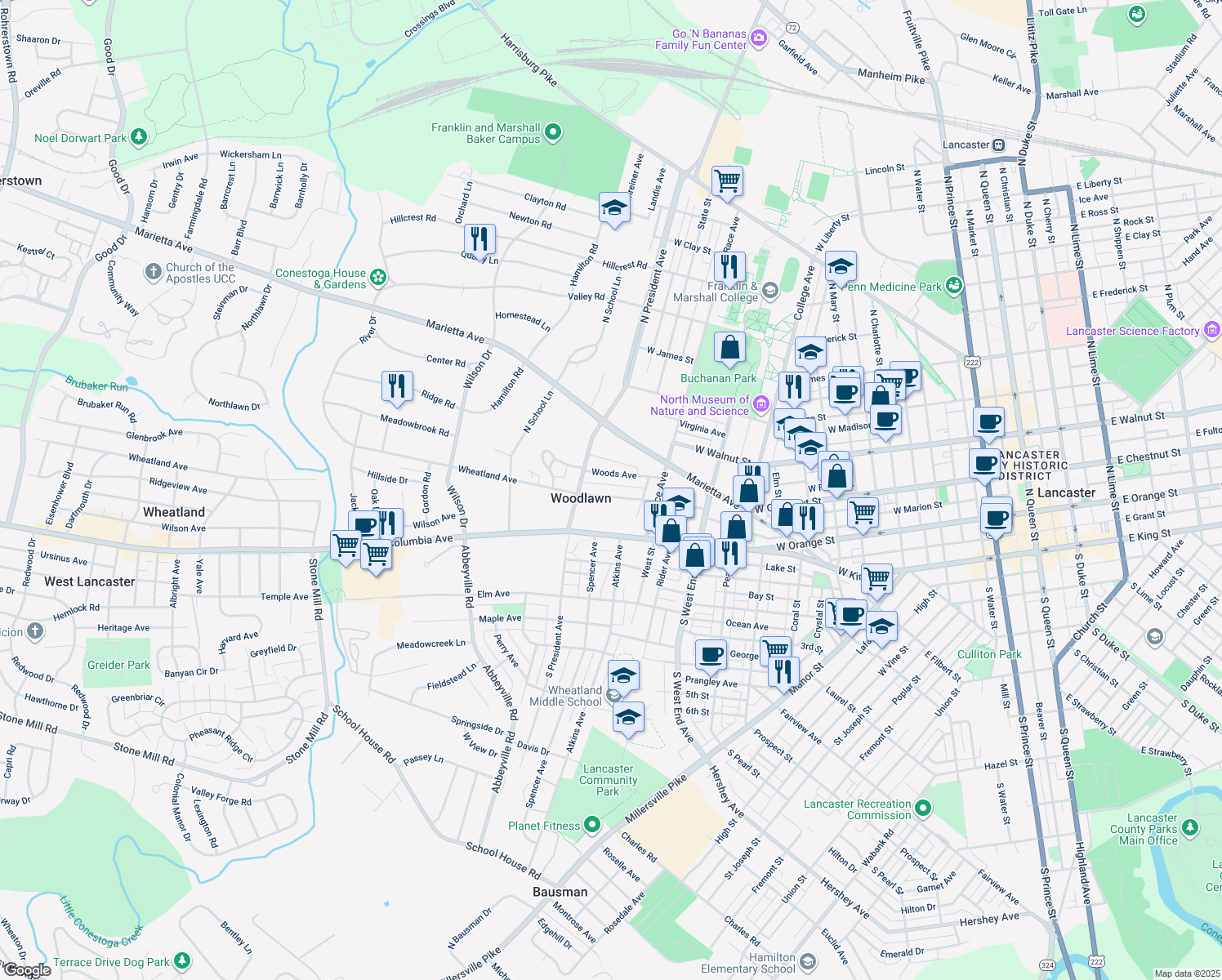 map of restaurants, bars, coffee shops, grocery stores, and more near 1053 Wheatland Avenue in Lancaster