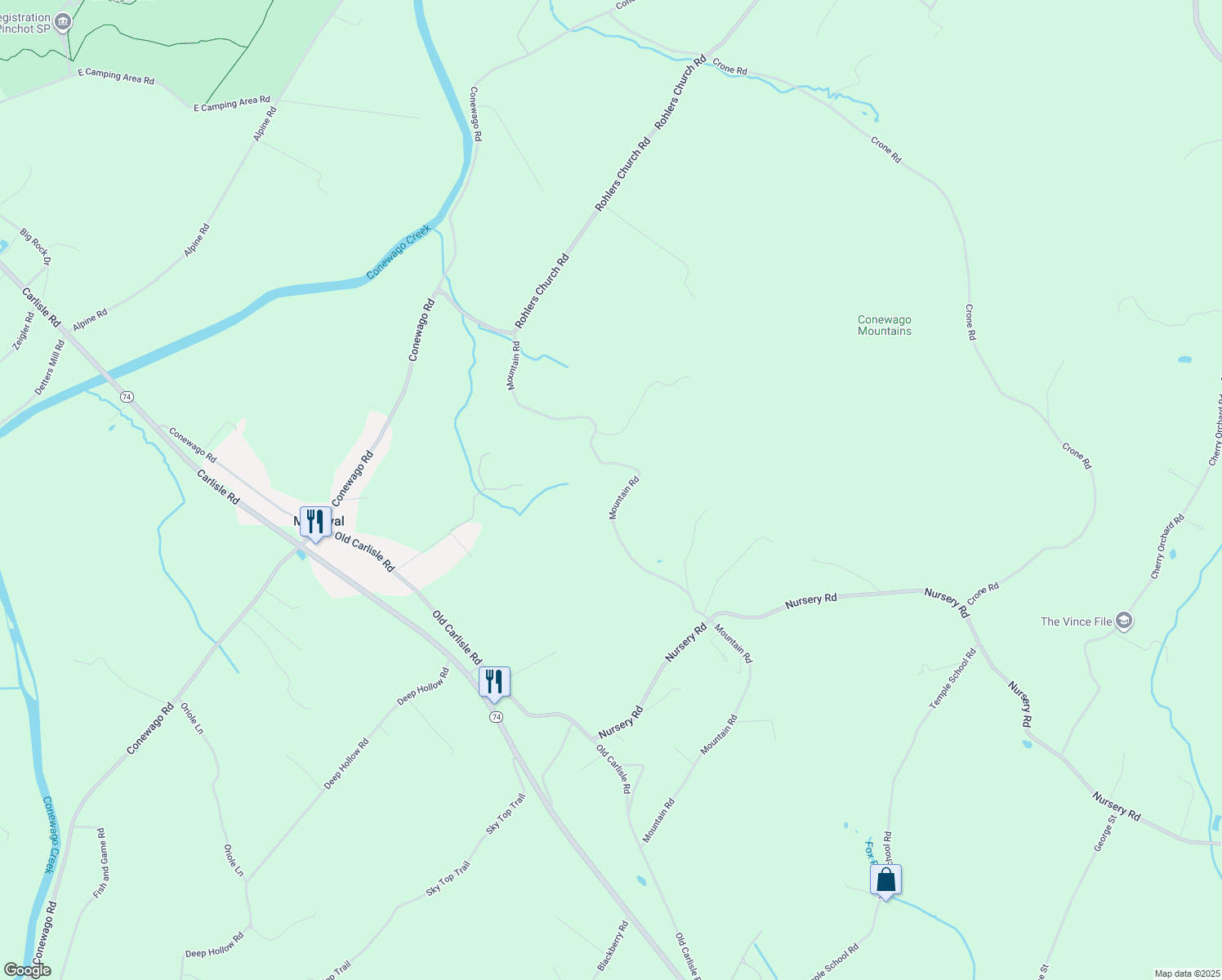 map of restaurants, bars, coffee shops, grocery stores, and more near 6300 Mountain Road in Dover