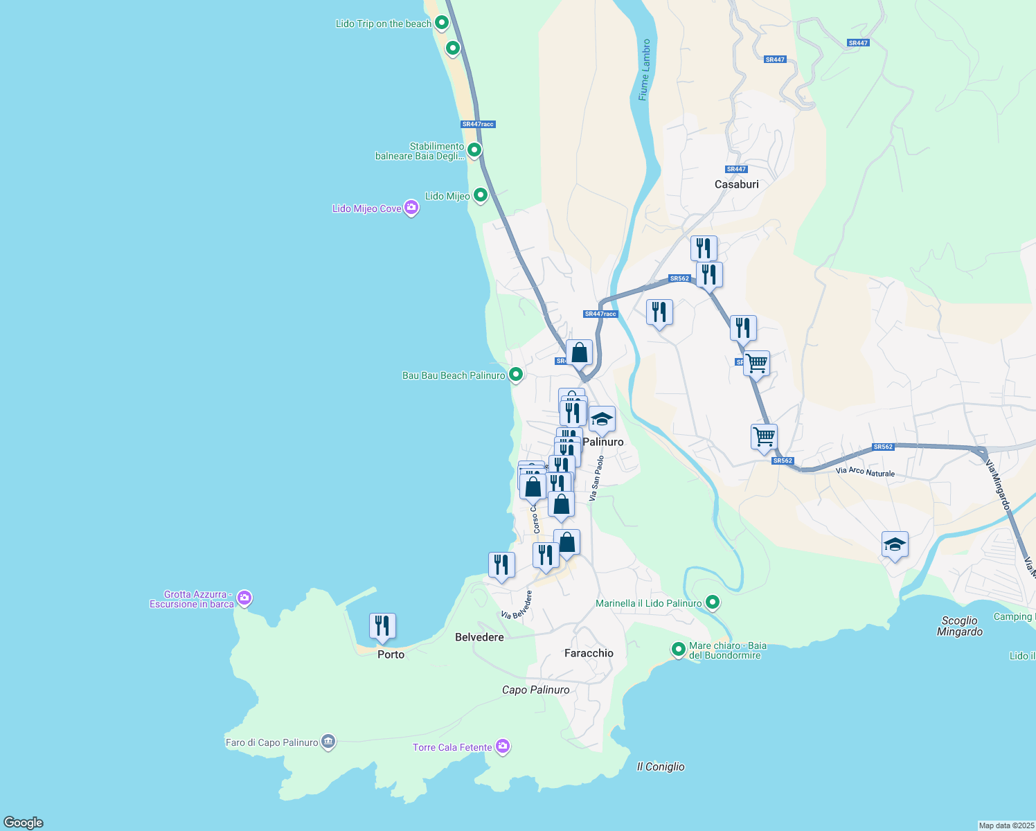map of restaurants, bars, coffee shops, grocery stores, and more near in Palinuro