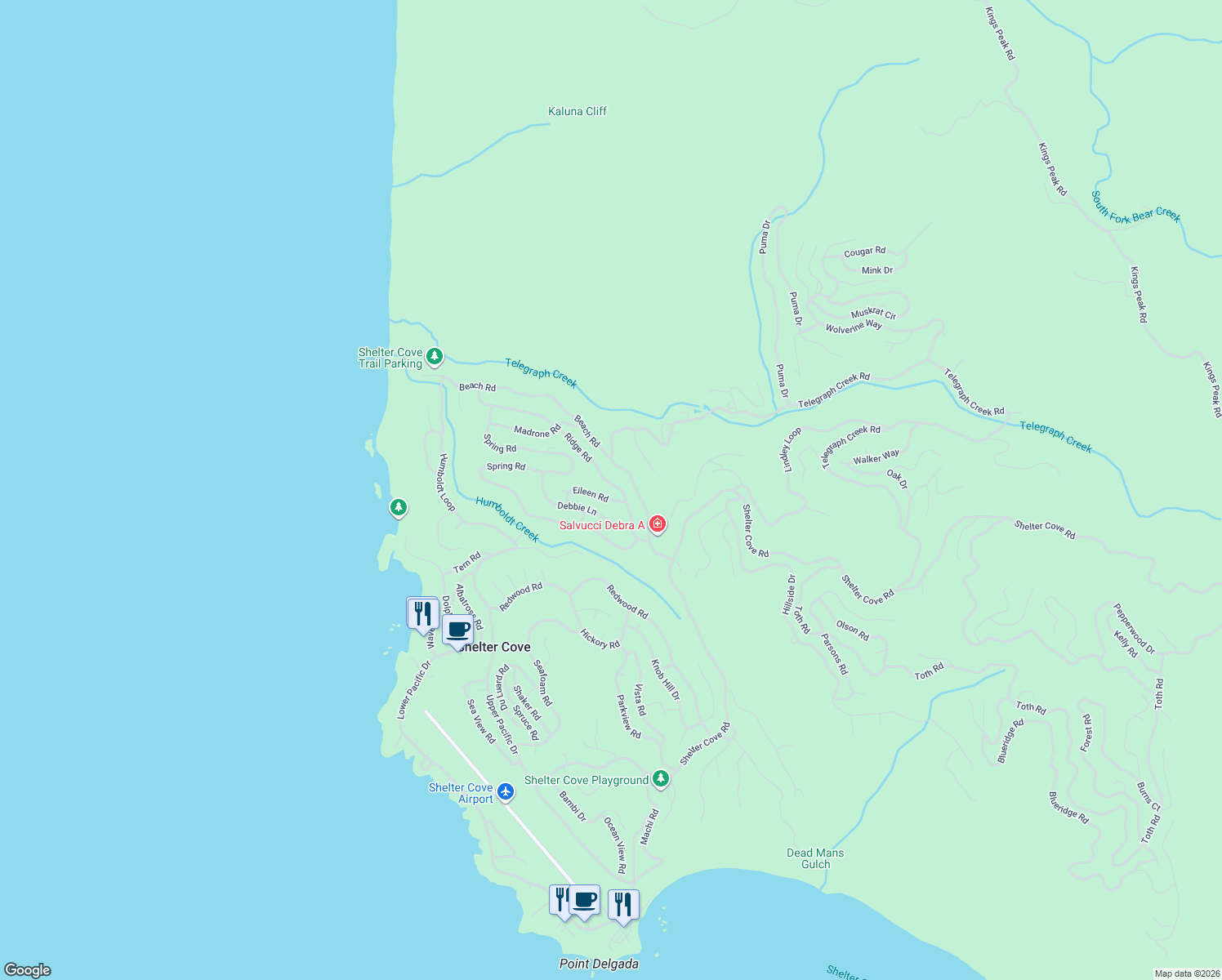 map of restaurants, bars, coffee shops, grocery stores, and more near 191 Ridge Road in Whitethorn
