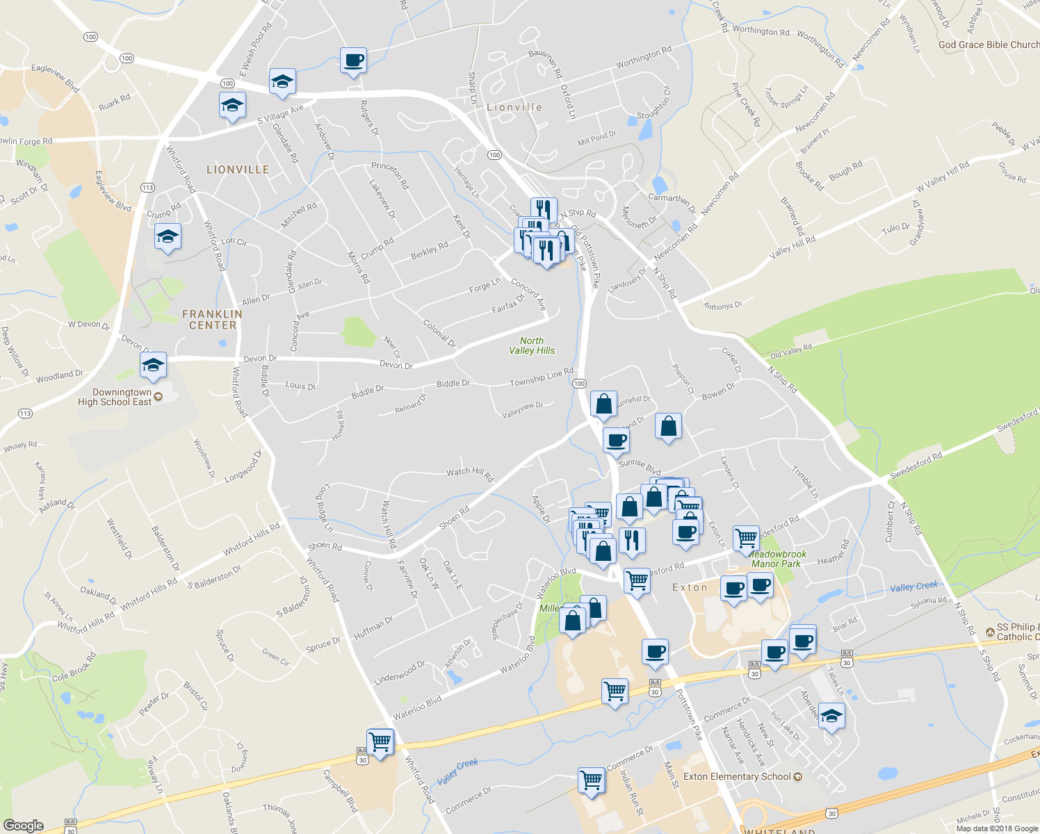 map of restaurants, bars, coffee shops, grocery stores, and more near 156 Valleyview Drive in Exton