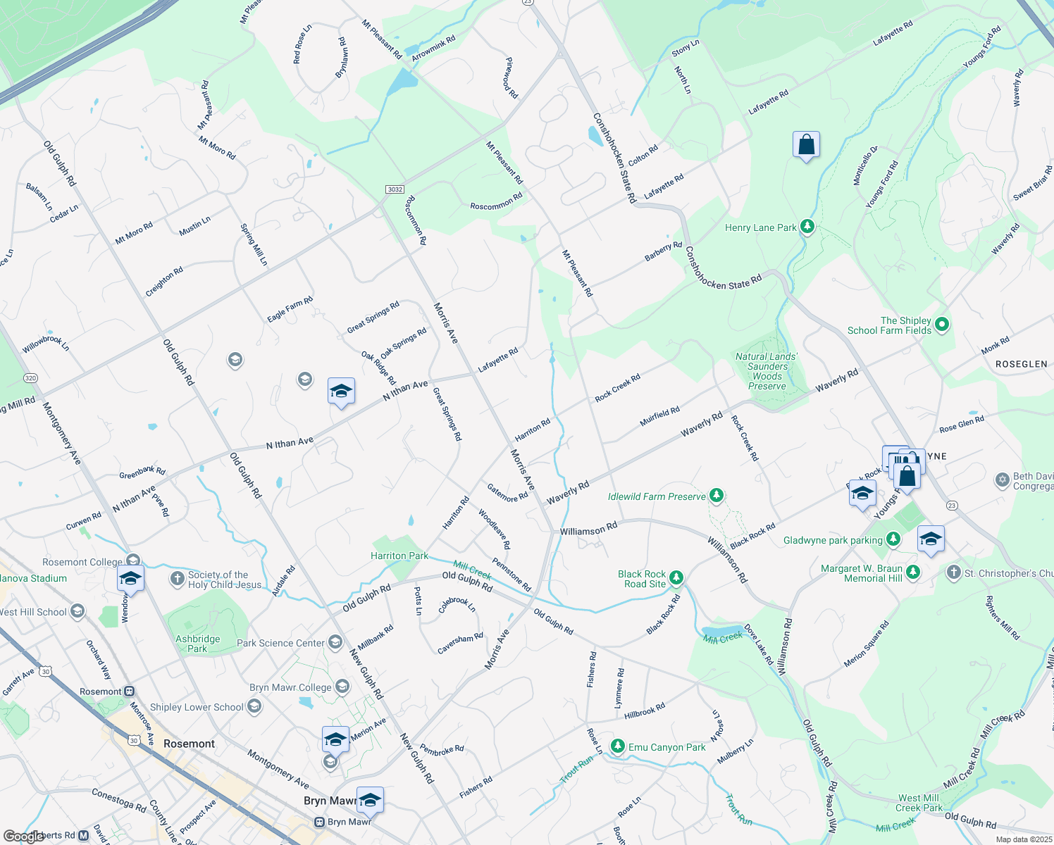 map of restaurants, bars, coffee shops, grocery stores, and more near 816 Harriton Road in Bryn Mawr