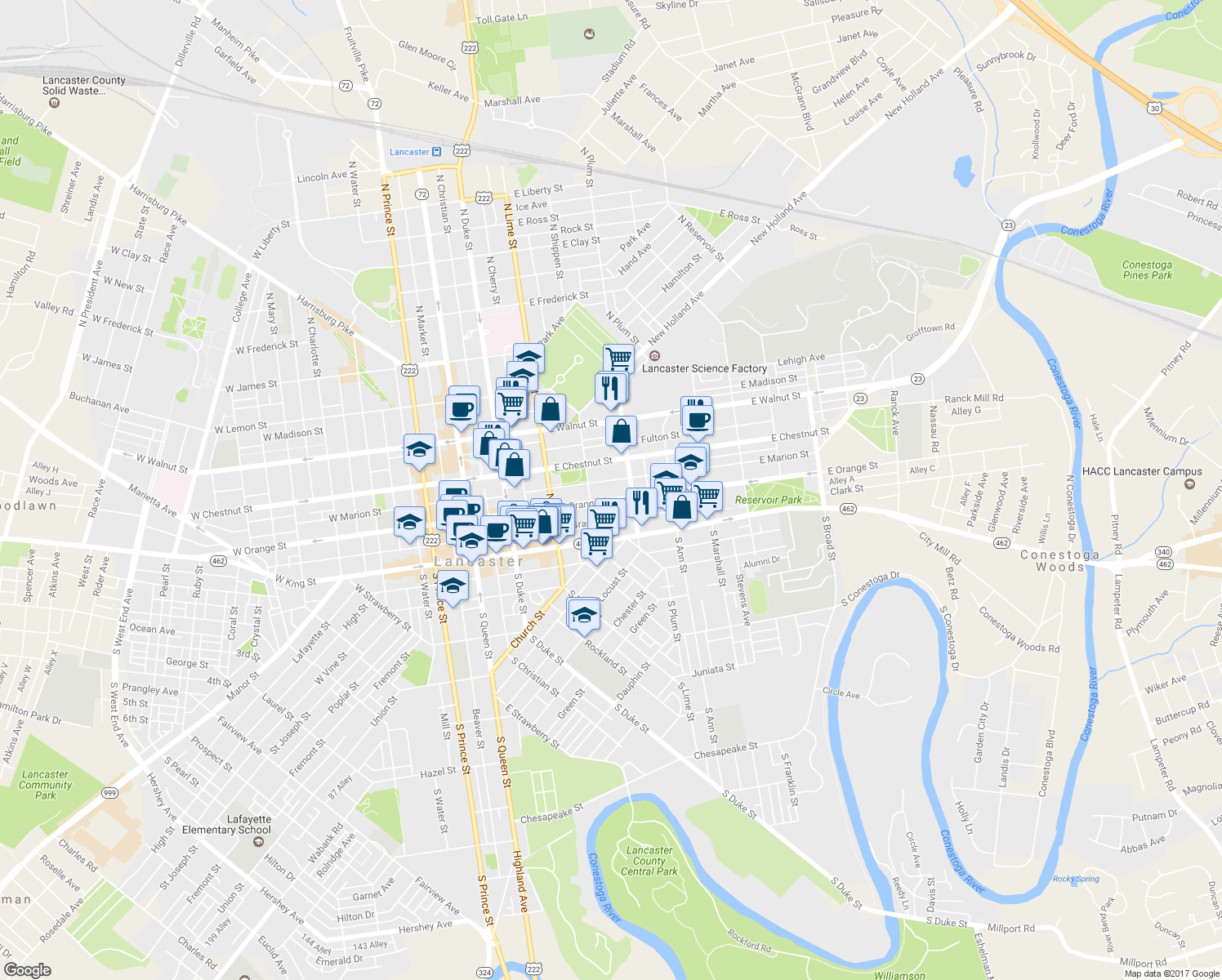 map of restaurants, bars, coffee shops, grocery stores, and more near 329 East Orange Street in Lancaster