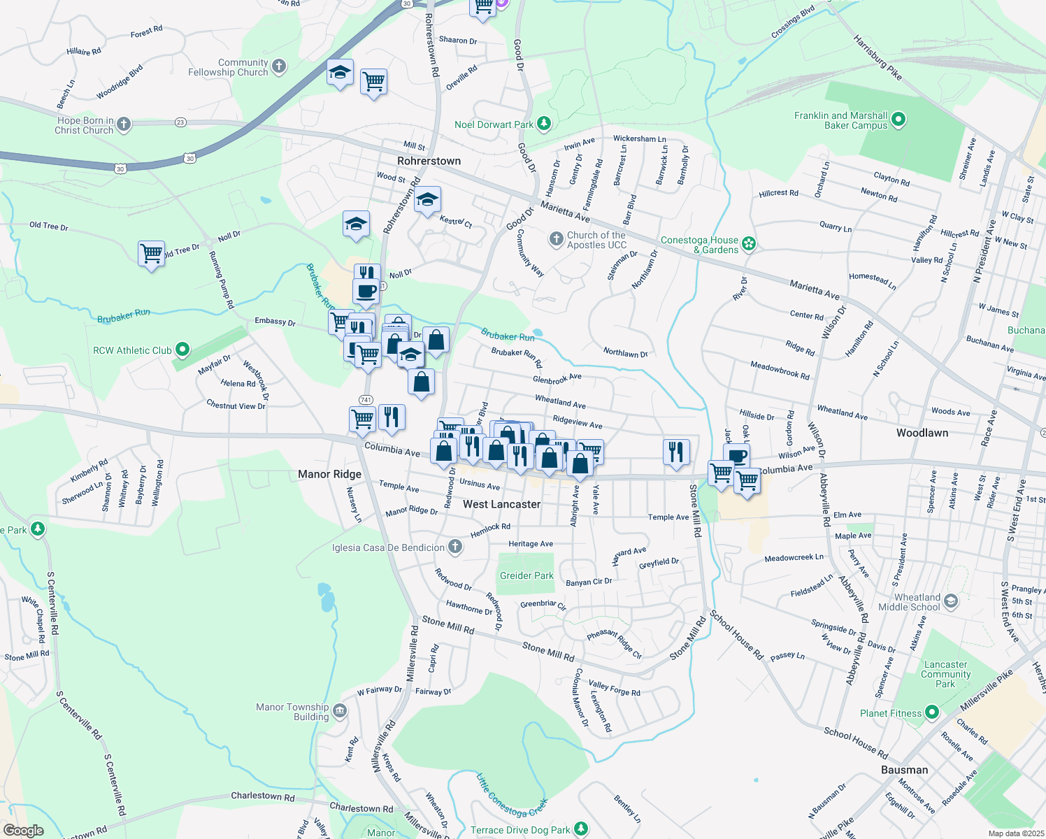map of restaurants, bars, coffee shops, grocery stores, and more near 1820 Ridgeview Avenue in Lancaster