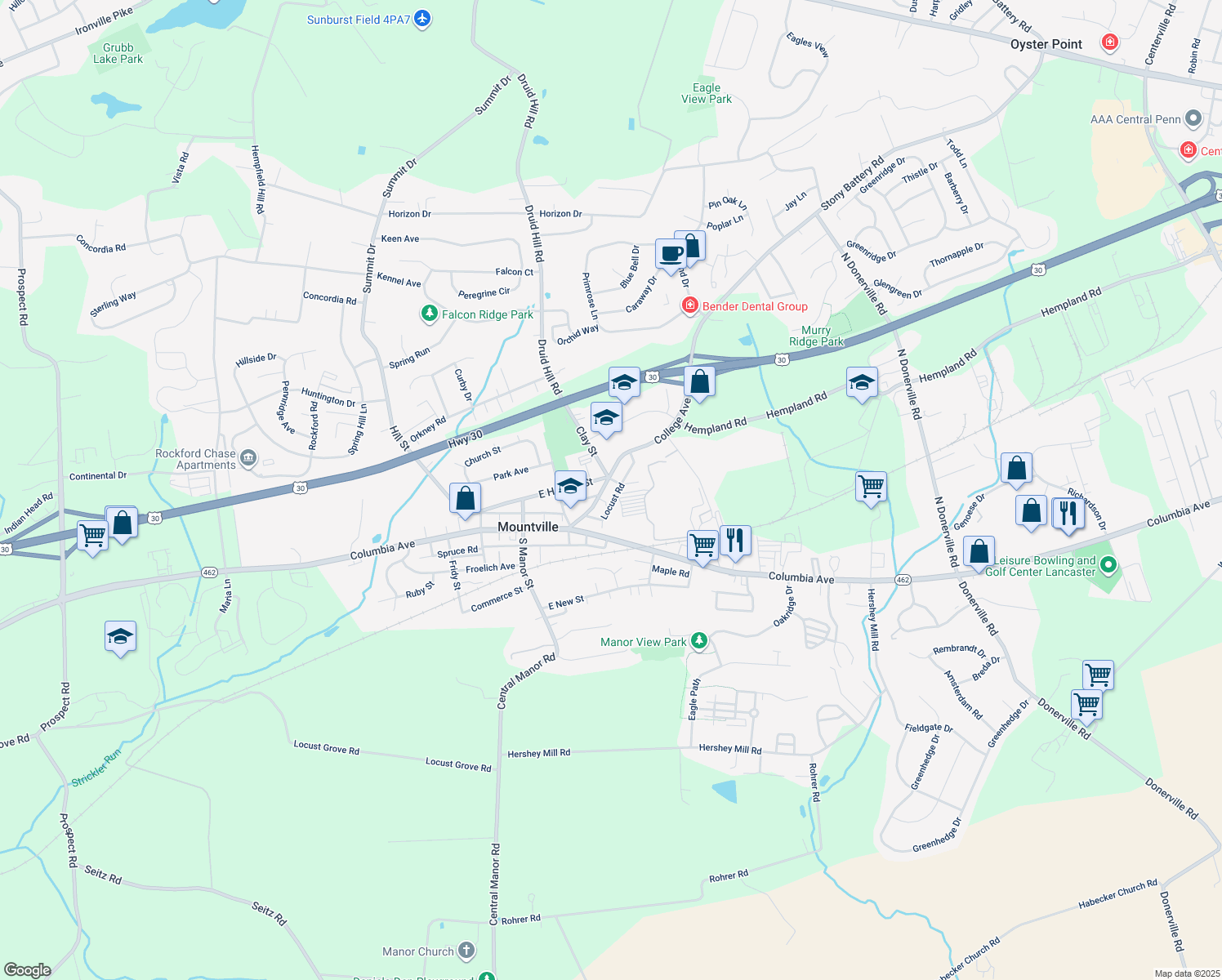 map of restaurants, bars, coffee shops, grocery stores, and more near 71 College Avenue in Mountville