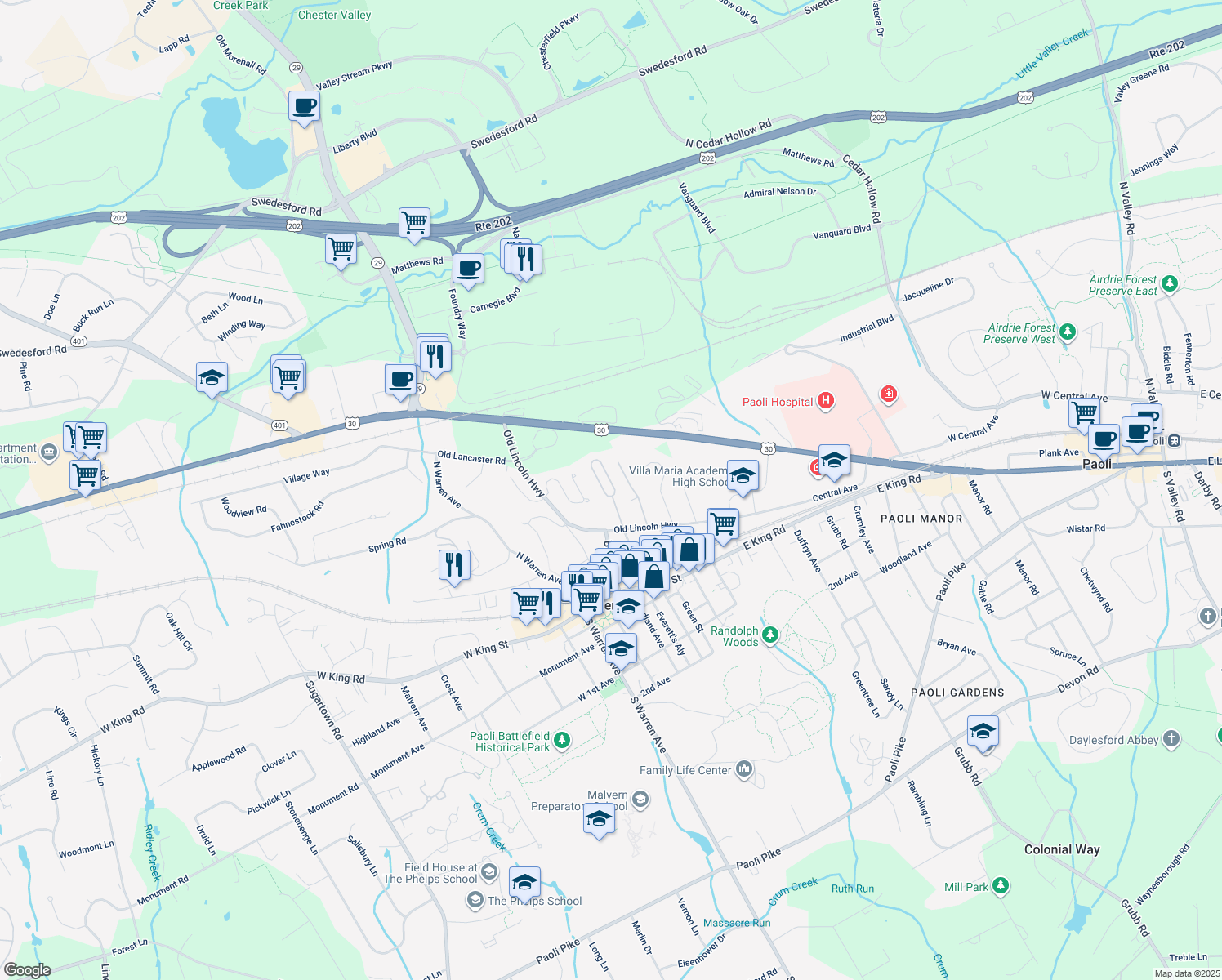 map of restaurants, bars, coffee shops, grocery stores, and more near 233 Miner Street in Malvern