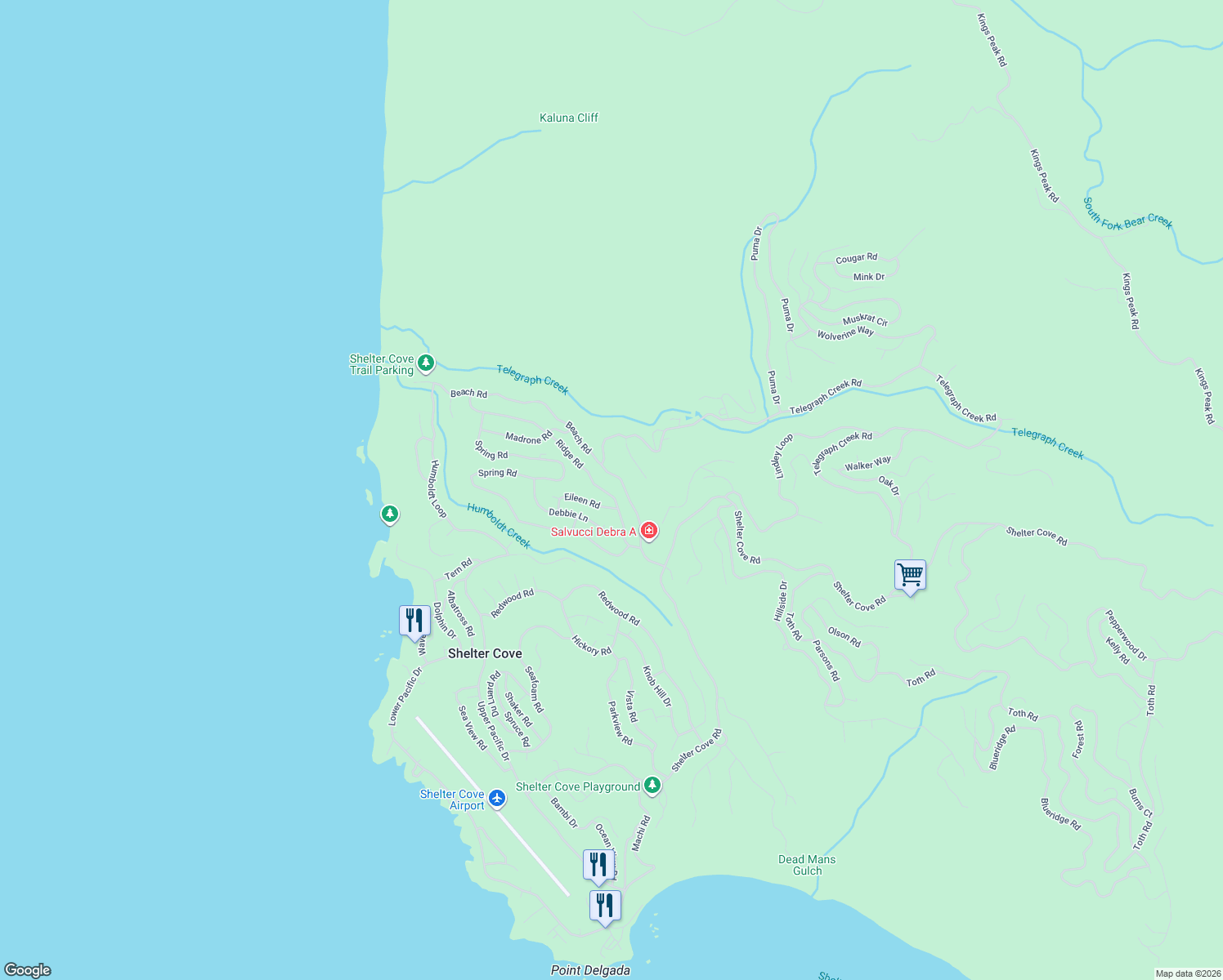 map of restaurants, bars, coffee shops, grocery stores, and more near 191 Ridge Road in Whitethorn