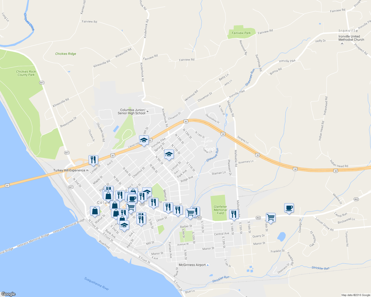 map of restaurants, bars, coffee shops, grocery stores, and more near 1130 Walnut St in Columbia