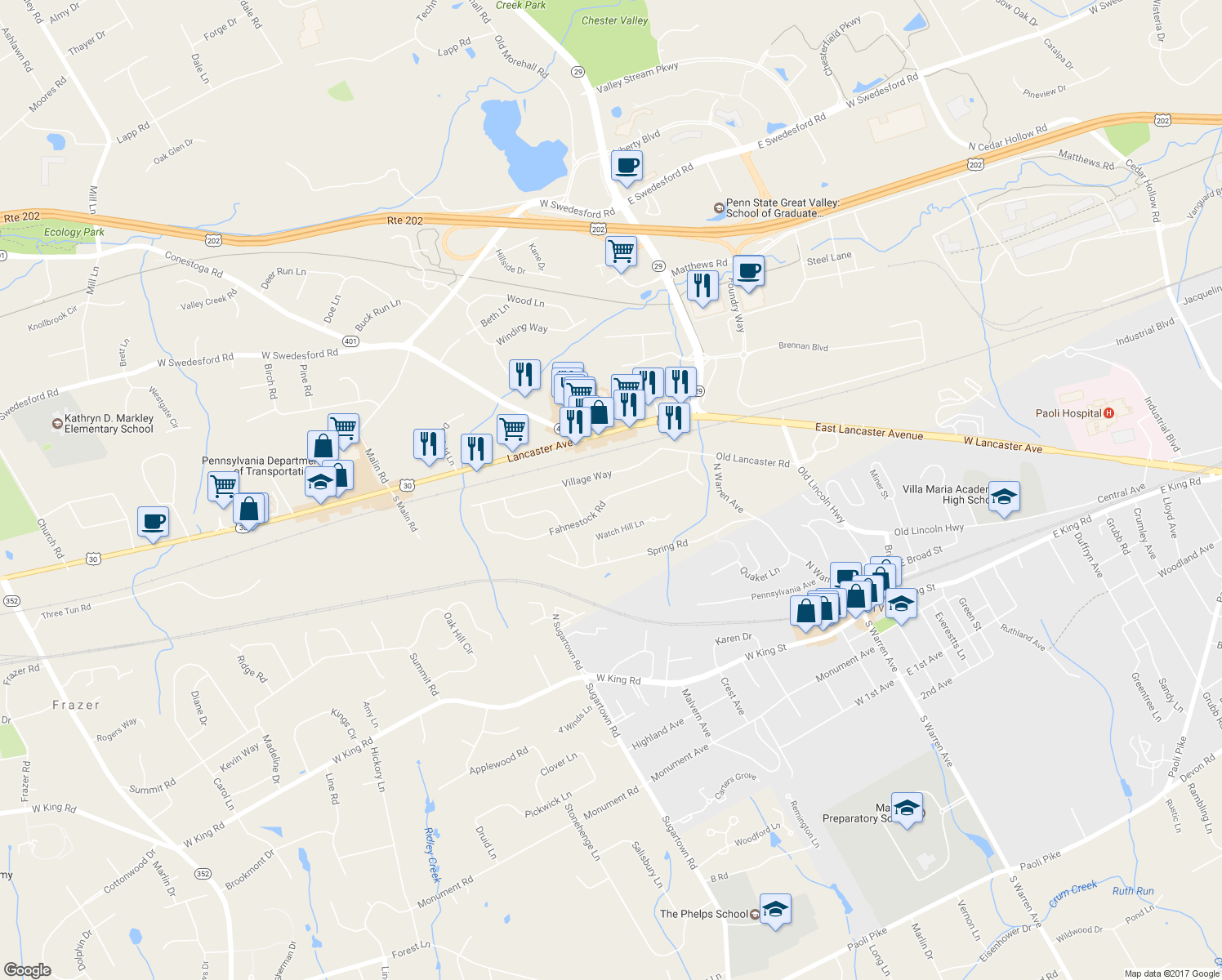 map of restaurants, bars, coffee shops, grocery stores, and more near 29 Fahnestock Road in Malvern