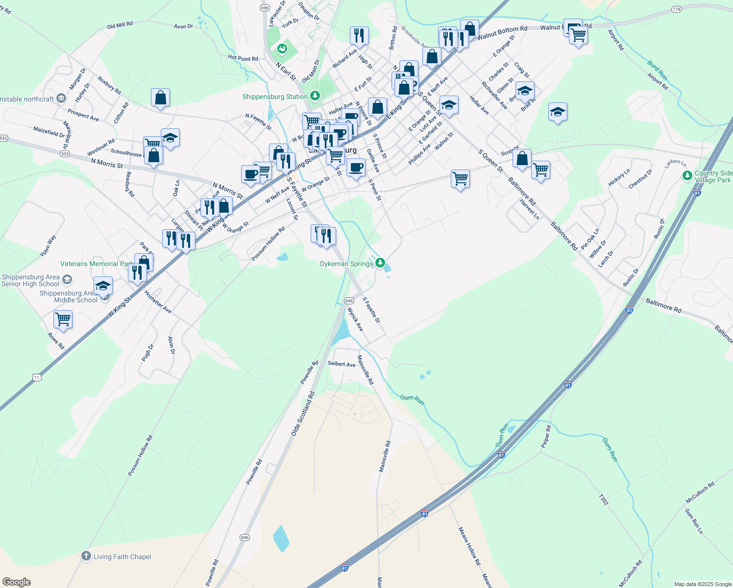 map of restaurants, bars, coffee shops, grocery stores, and more near 415 South Fayette Street in Shippensburg