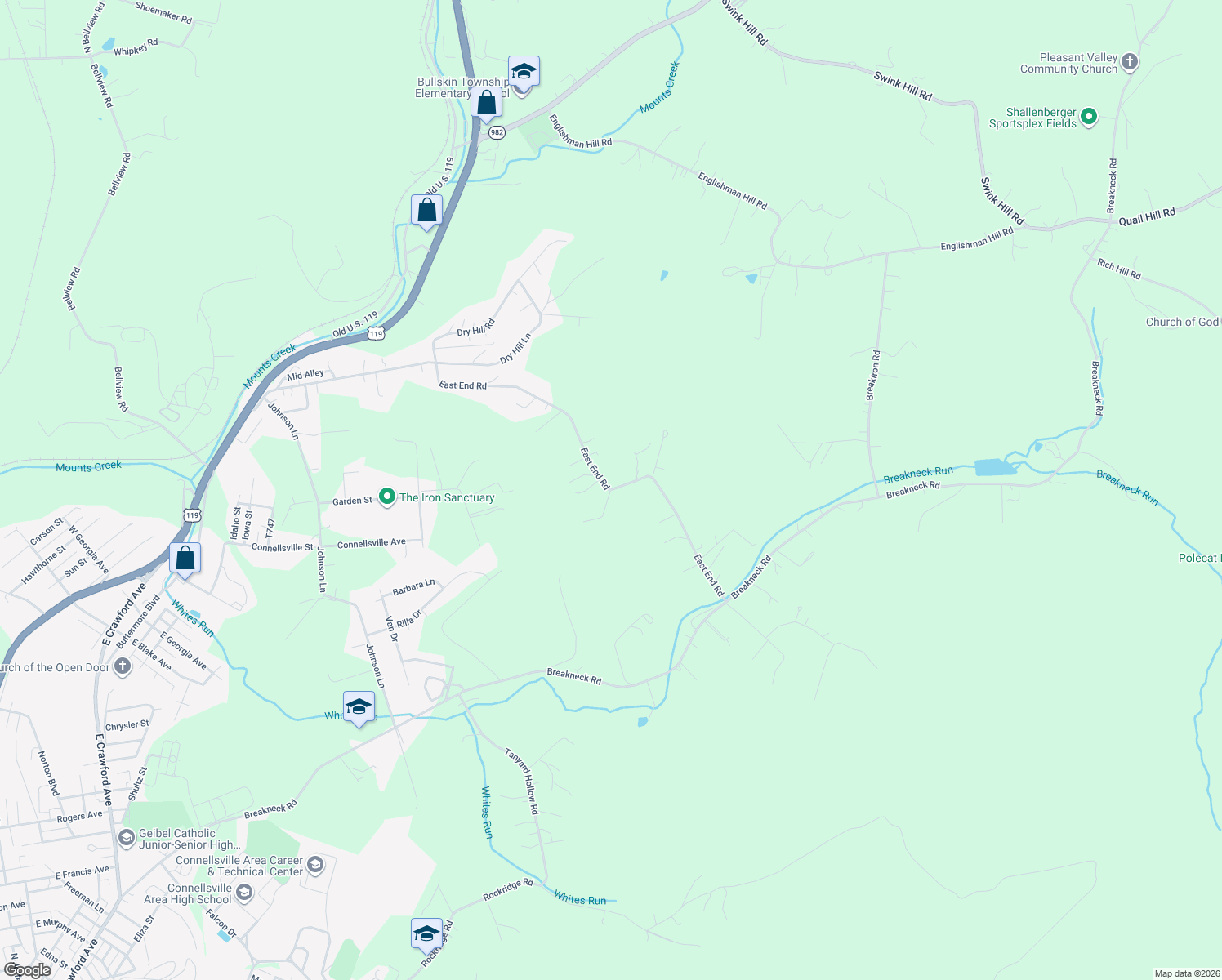 map of restaurants, bars, coffee shops, grocery stores, and more near East End Road Exd in Connellsville