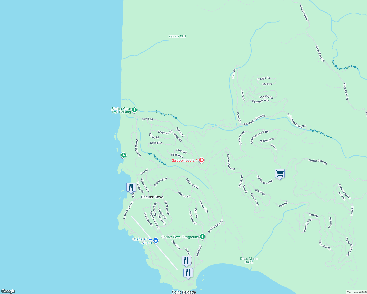 map of restaurants, bars, coffee shops, grocery stores, and more near 236 Ridge Road in Whitethorn