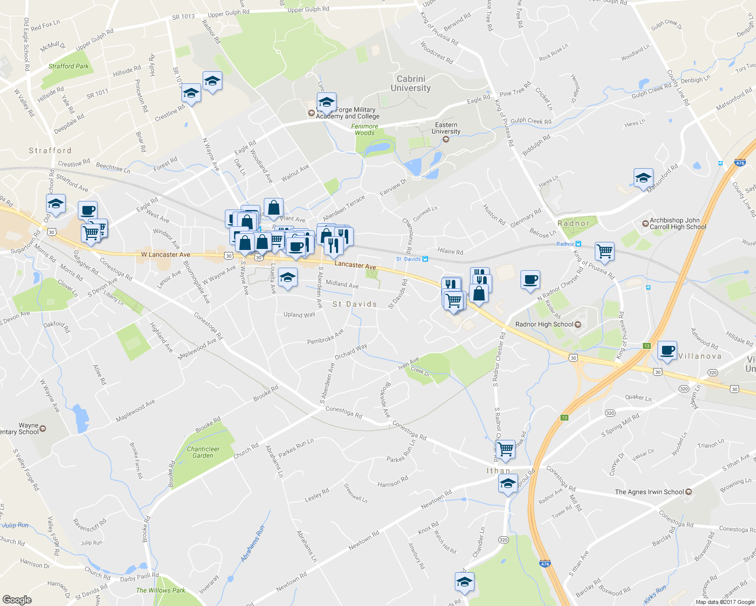 map of restaurants, bars, coffee shops, grocery stores, and more near 419 Saint Davids Road in Saint Davids