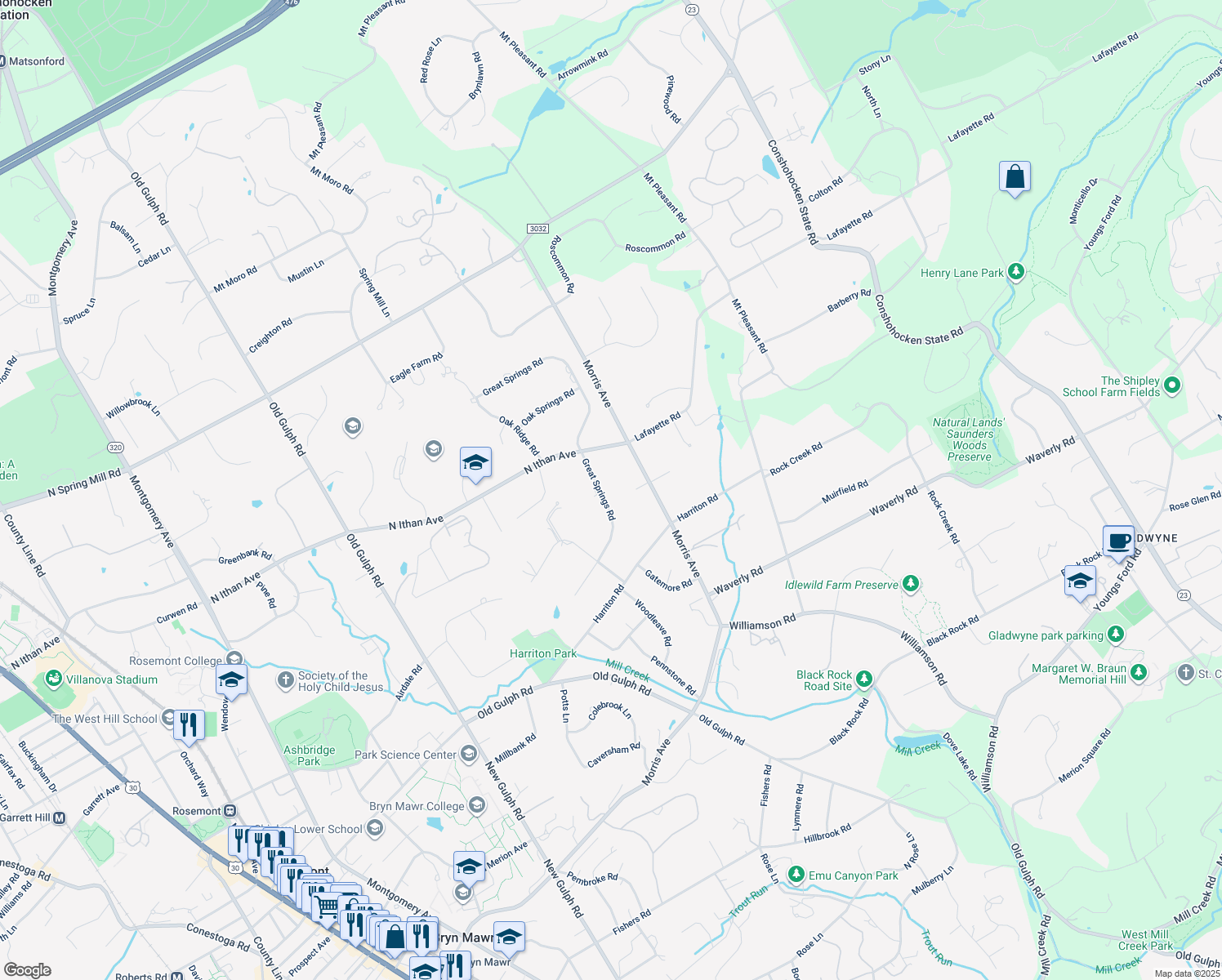 map of restaurants, bars, coffee shops, grocery stores, and more near 723 Great Springs Road in Bryn Mawr