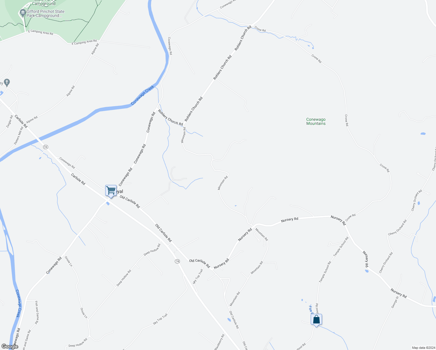 map of restaurants, bars, coffee shops, grocery stores, and more near 6300 Mountain Road in Dover