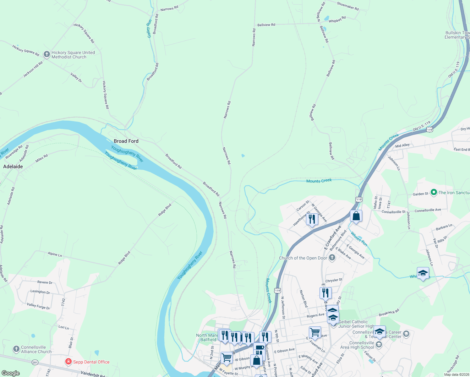 map of restaurants, bars, coffee shops, grocery stores, and more near 318 Narrows Rd in Connellsville