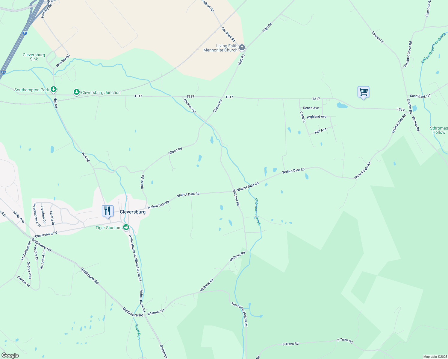 map of restaurants, bars, coffee shops, grocery stores, and more near 185 Whitmer Rd in Shippensburg